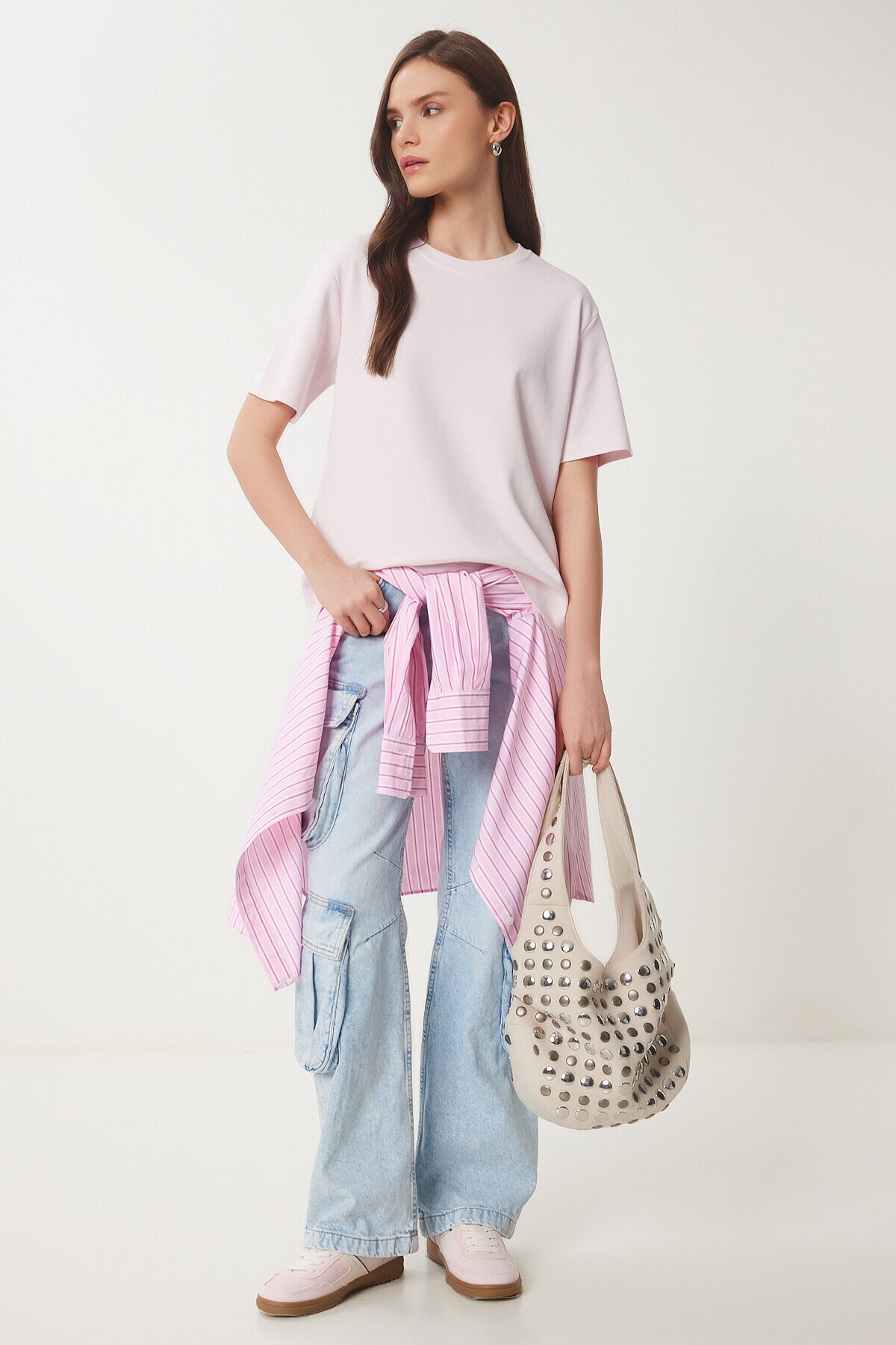 Basic Pamuklu Örme T-shirt ŞEKER PEMBE LUS0094