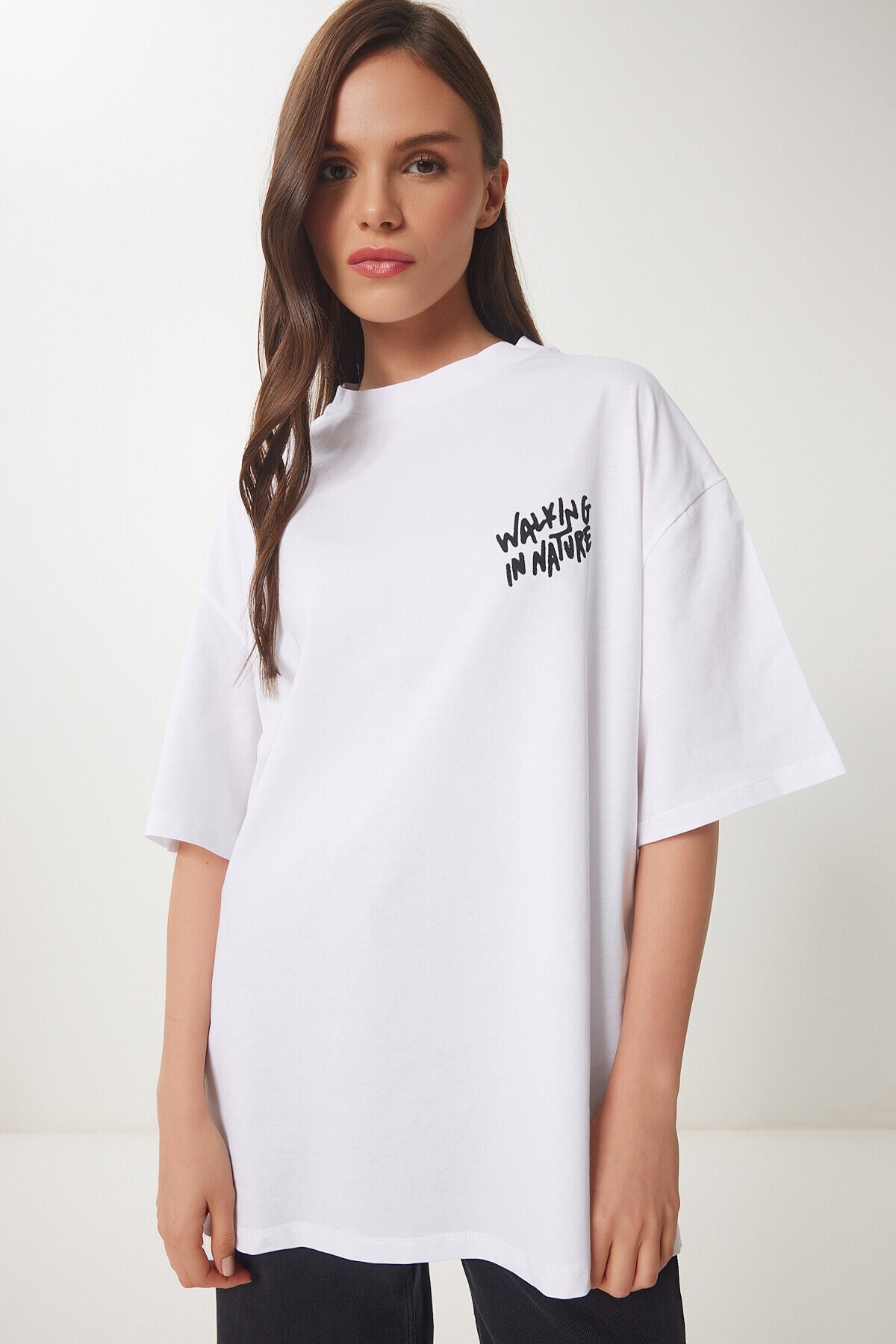 Baskılı Pamuklu Oversize Örme T-shirt BEYAZ LUB0104