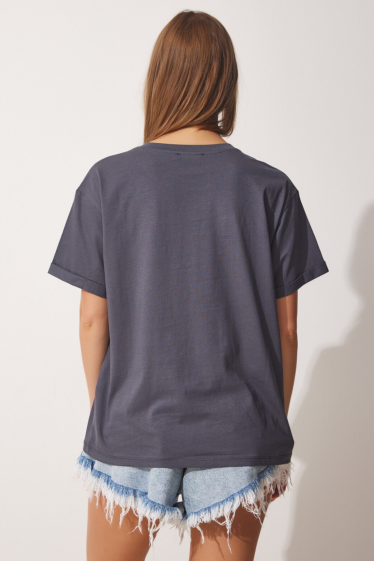 Bisiklet Yaka Pamuklu Bol Örme T-Shirt ANTRASİT LUB0050