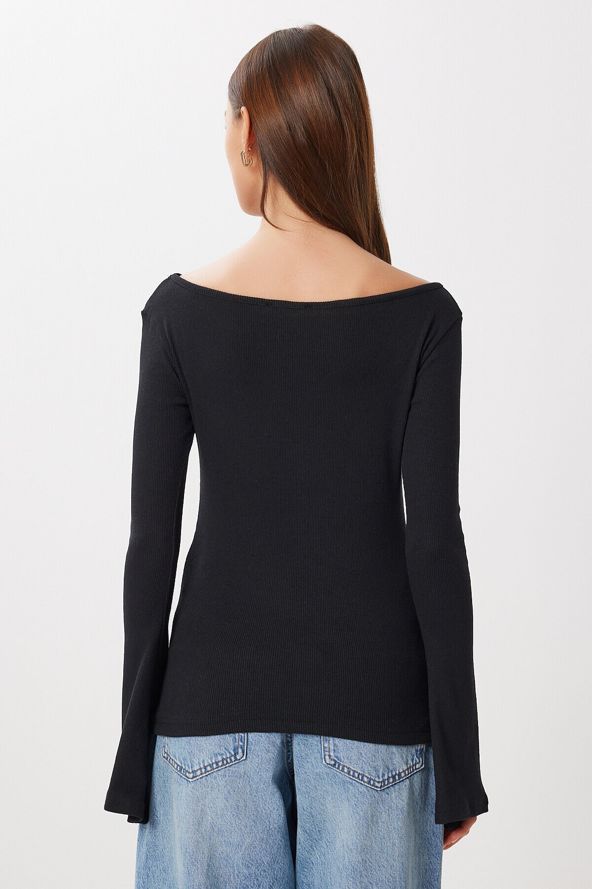 Çan kollu Saran Basic Örme Bluz SİYAH LEN0040