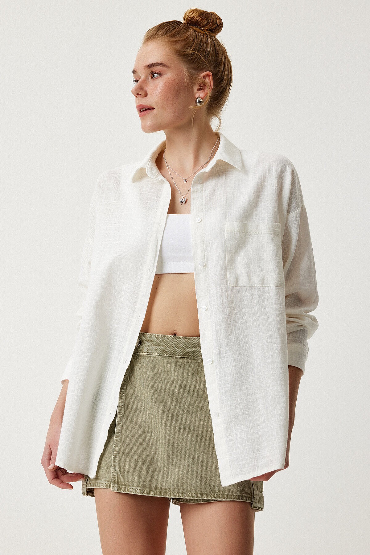Cepli Oversize Basic Keten Gömlek EKRU LMX0003
