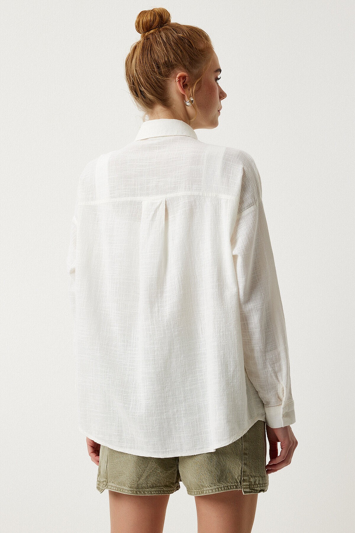 Cepli Oversize Basic Keten Gömlek EKRU LMX0003
