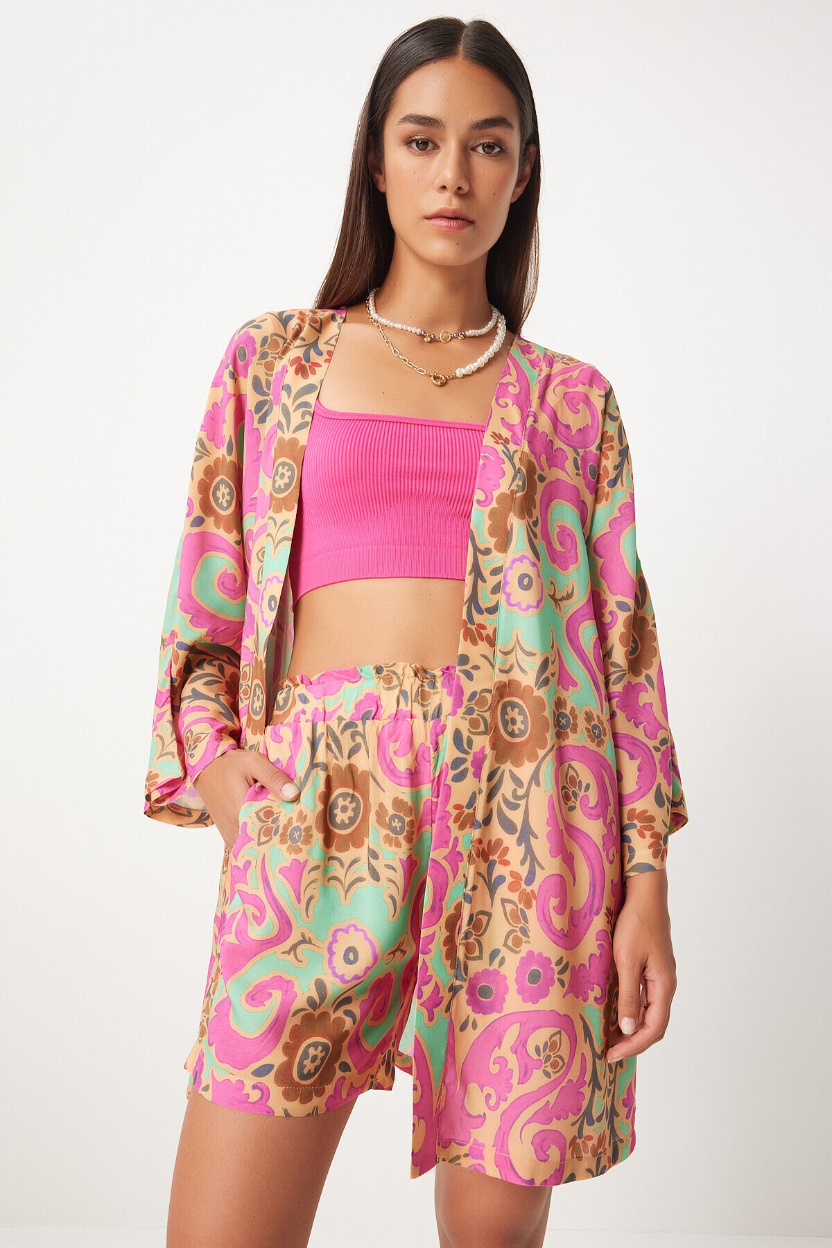 Desenli Viskon  Kimono Şort Takım BEJ PEMBE LWF0006