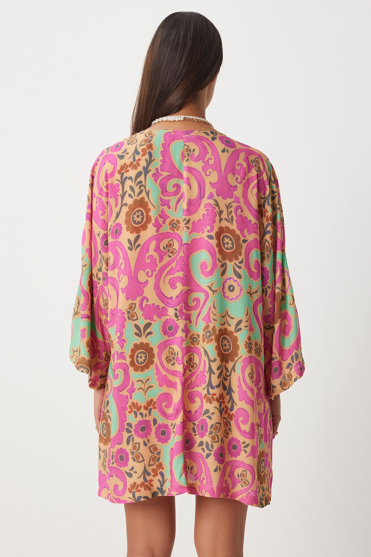 Desenli Viskon  Kimono Şort Takım BEJ PEMBE LWF0006
