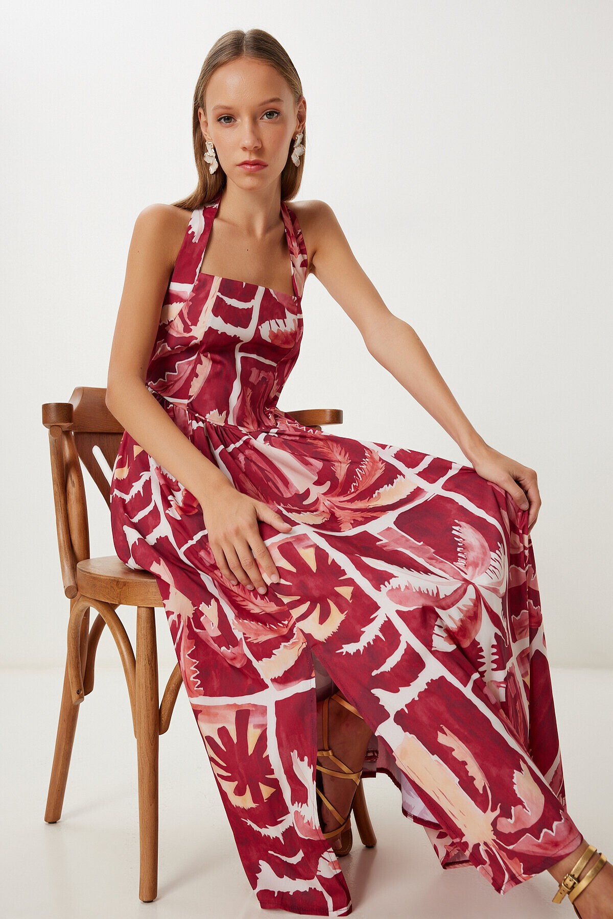 Desenli Yazlık Midi Poplin Elbise BORDO SARI LUB0139