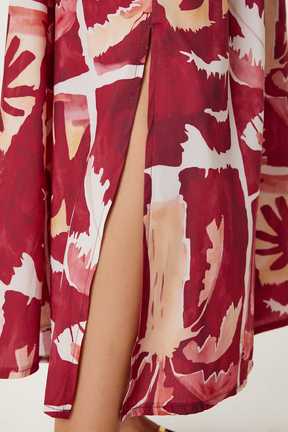 Desenli Yazlık Midi Poplin Elbise BORDO SARI LUB0139