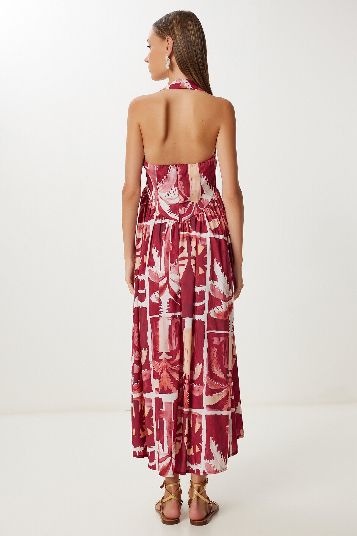 Desenli Yazlık Midi Poplin Elbise BORDO SARI LUB0139