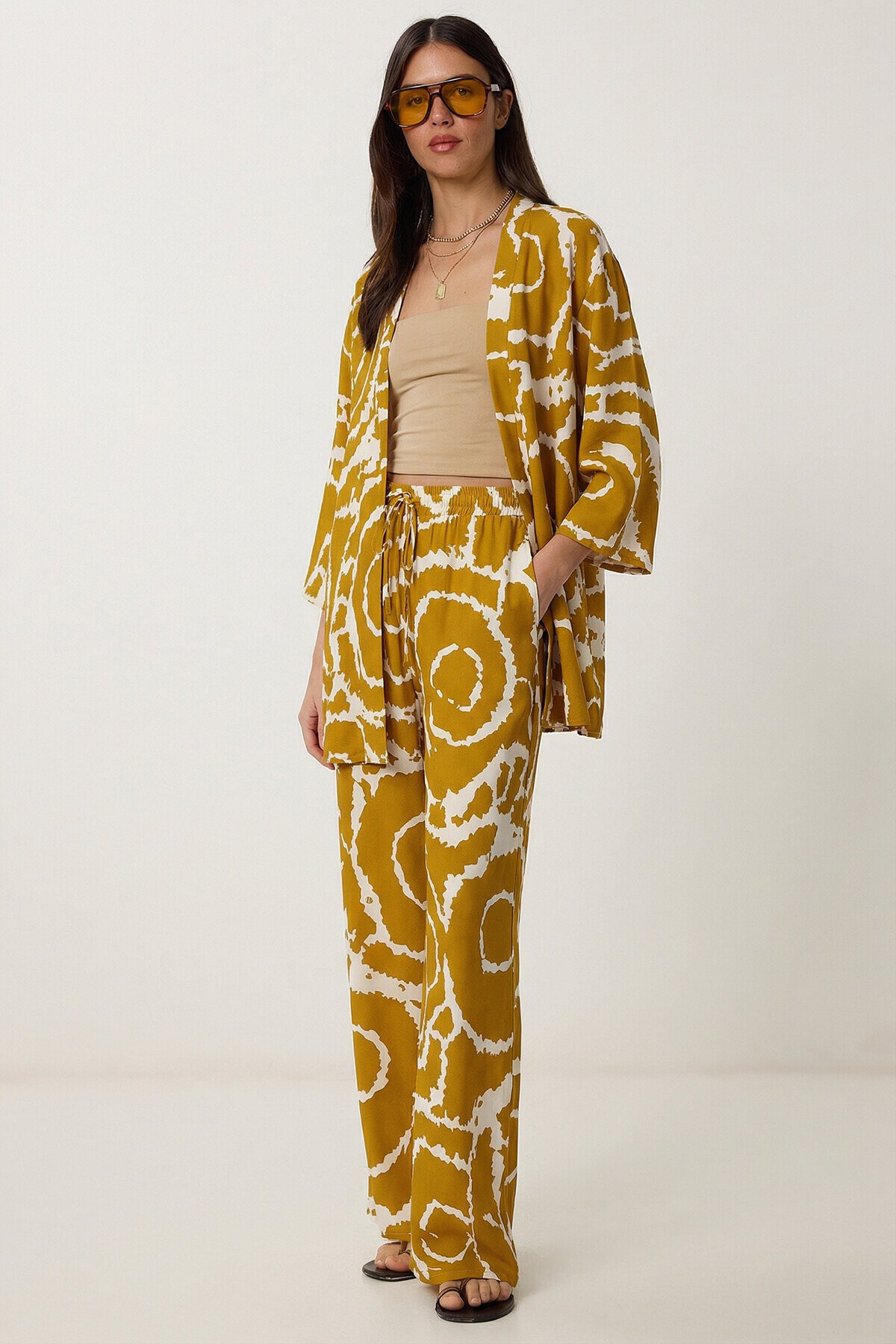 Desenli Yazlık Viskon Kimono Pantolon Takım HARDAL KEMİK LRN0013