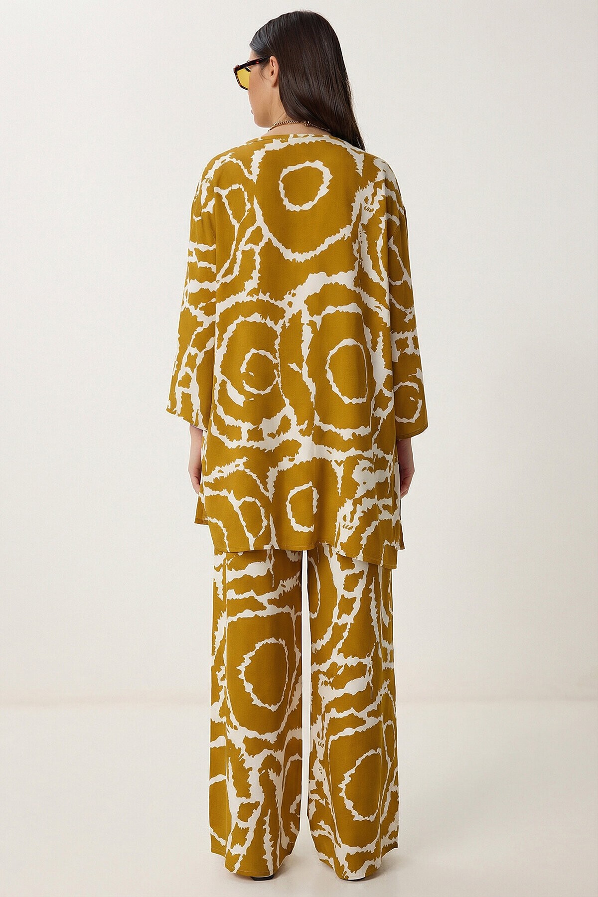 Desenli Yazlık Viskon Kimono Pantolon Takım HARDAL KEMİK LRN0013