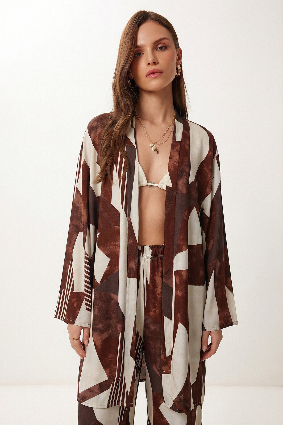Desenli Yazlık Viskon Kimono Pantolon Takım KAHVERENGİ KEMİK LRN0013