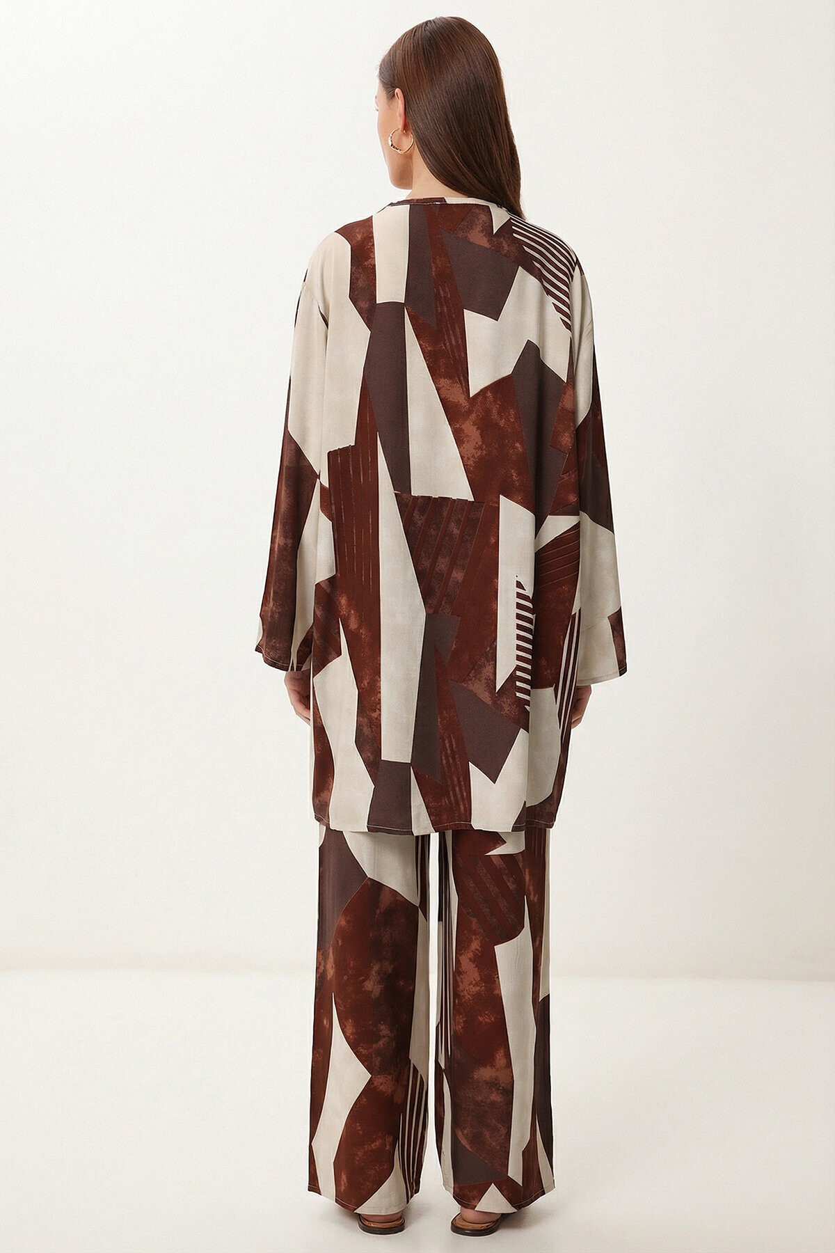 Desenli Yazlık Viskon Kimono Pantolon Takım KAHVERENGİ KEMİK LRN0013