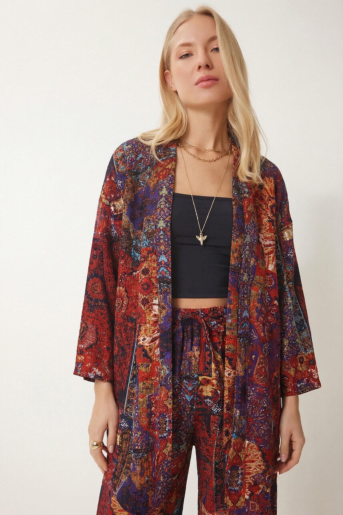 Desenli Yazlık Viskon Kimono Pantolon Takım KİREMİT MOR LRN0013