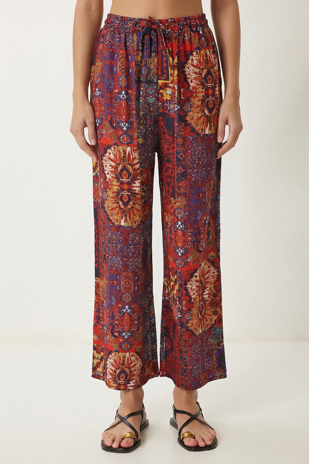 Desenli Yazlık Viskon Kimono Pantolon Takım KİREMİT MOR LRN0013