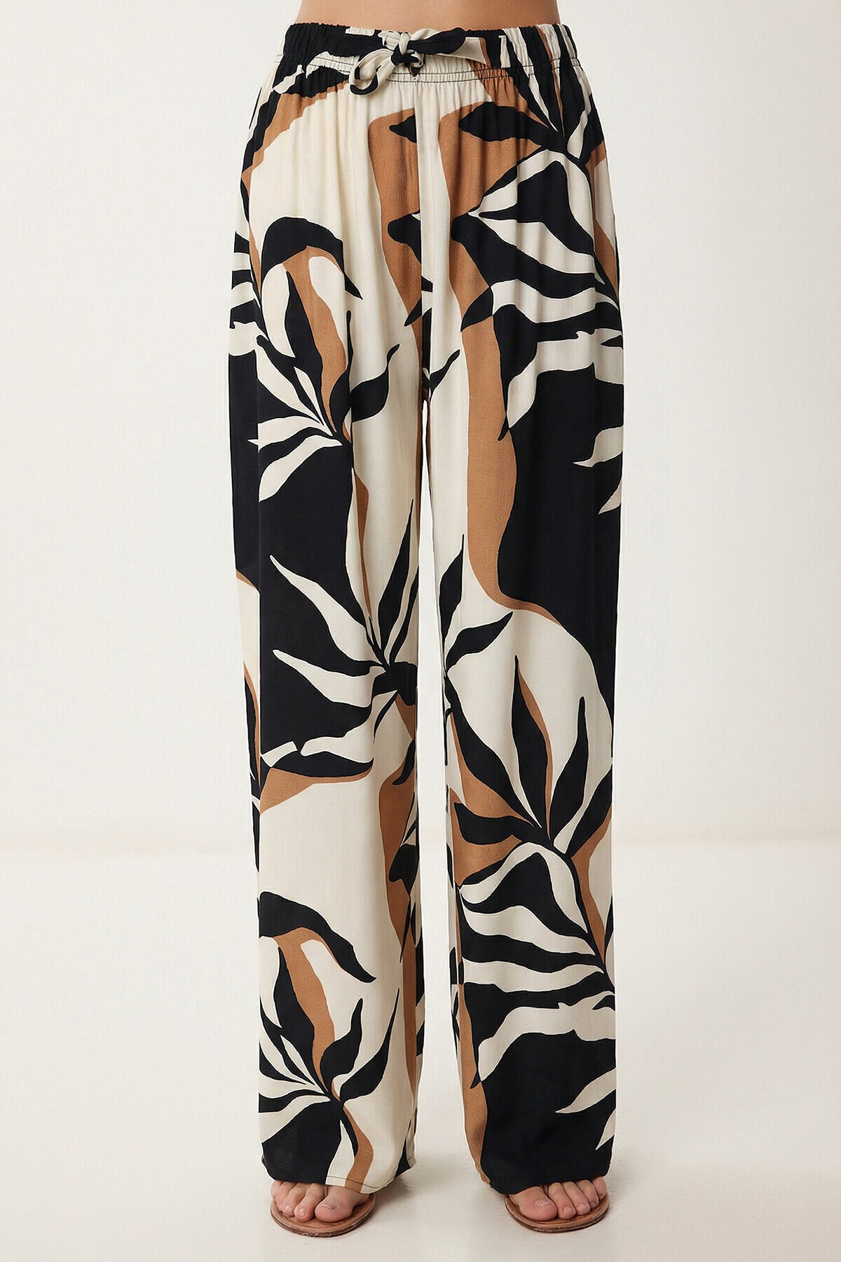 Desenli Yazlık Viskon Kimono Pantolon Takım KREM LACİVERT LRN0013