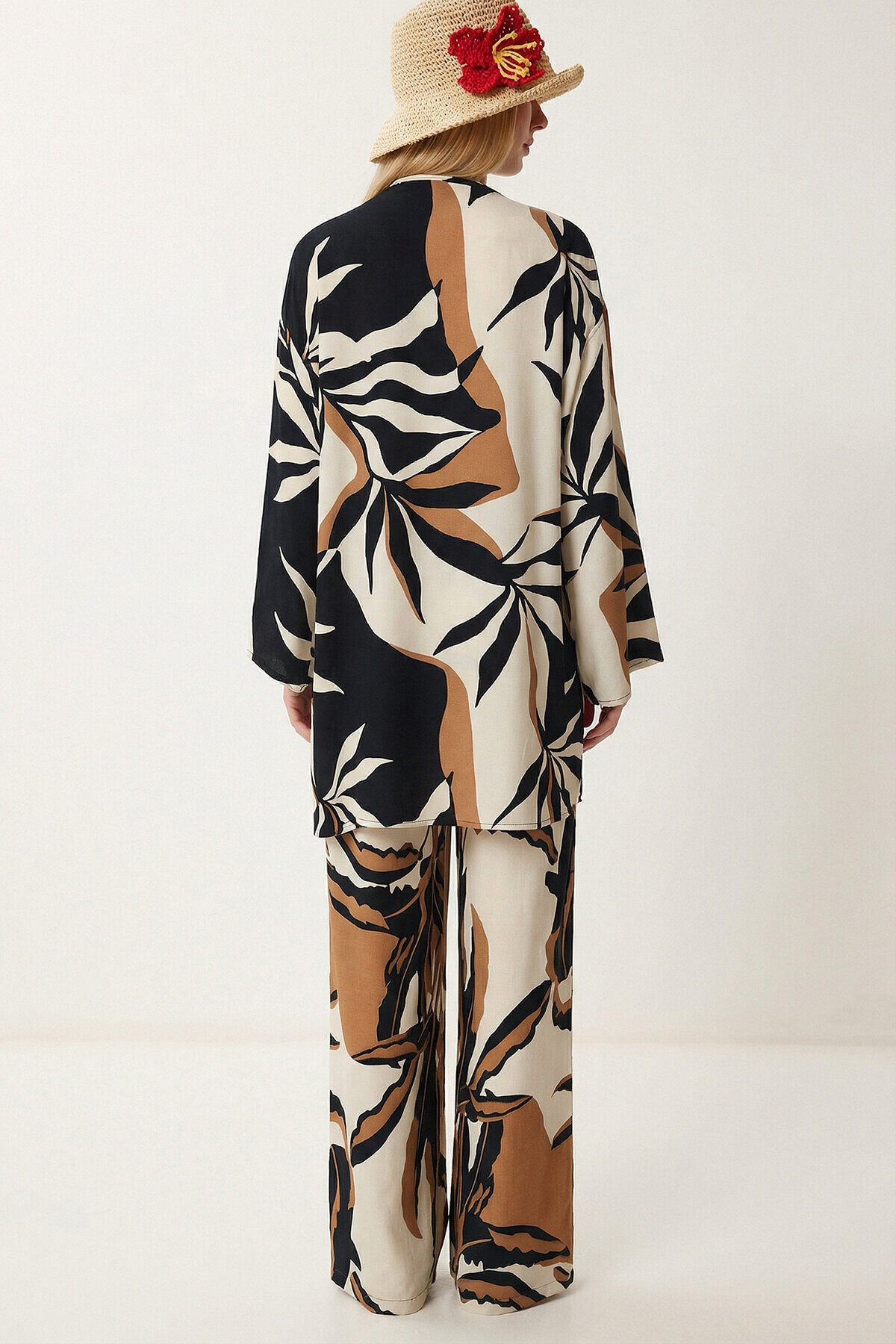 Desenli Yazlık Viskon Kimono Pantolon Takım KREM LACİVERT LRN0013