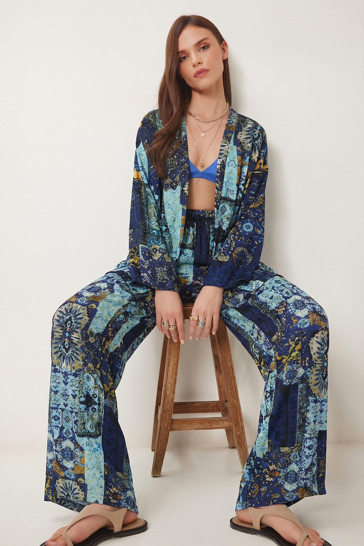 Desenli Yazlık Viskon Kimono Pantolon Takım MAVİ SARI LRN0013