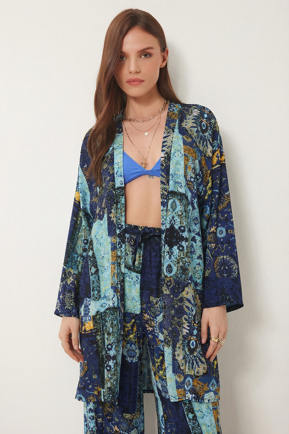 Desenli Yazlık Viskon Kimono Pantolon Takım MAVİ SARI LRN0013