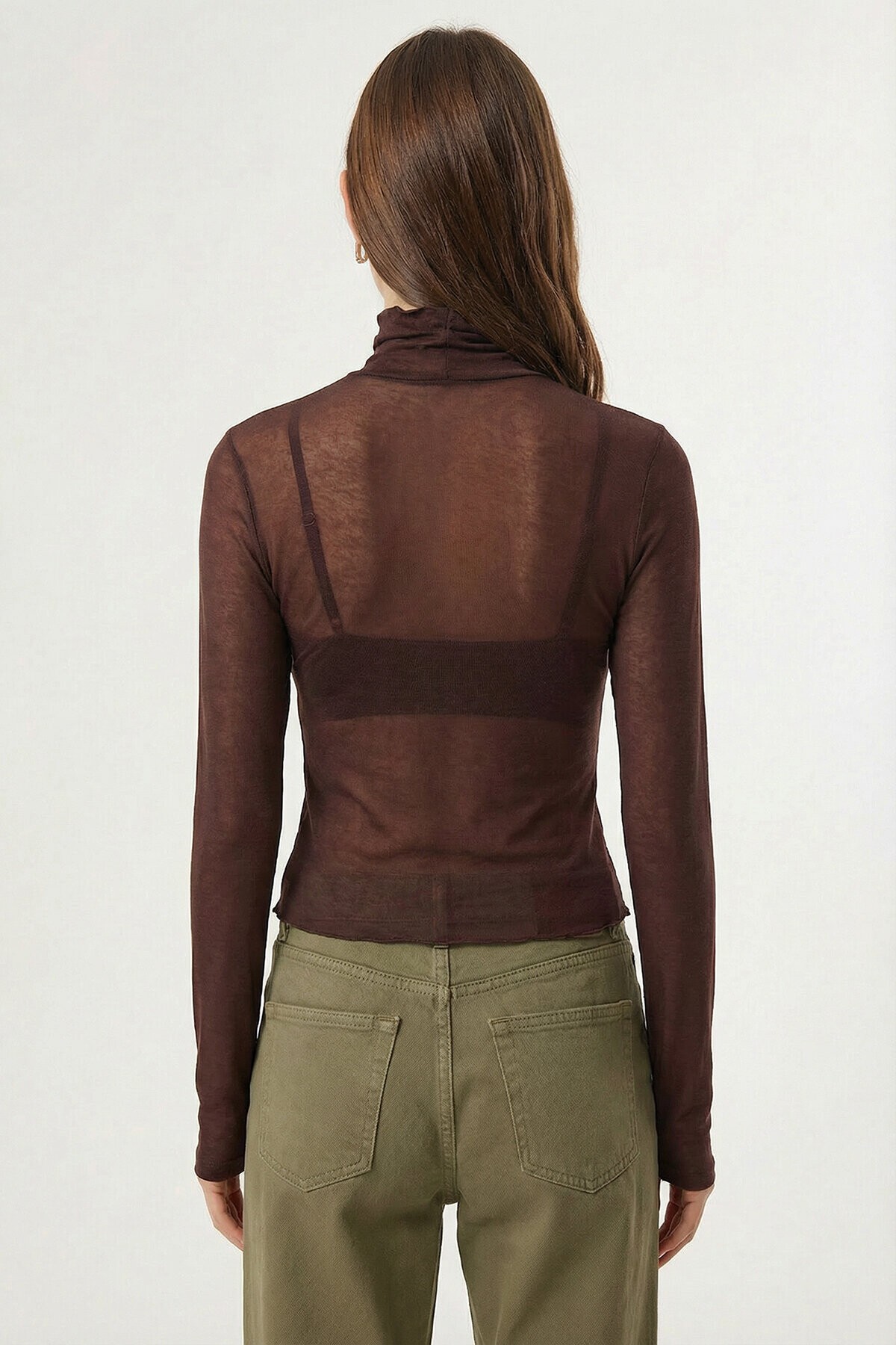 Dik Yaka Transparan Örme Bluz KAHVERENGİ LZV0046