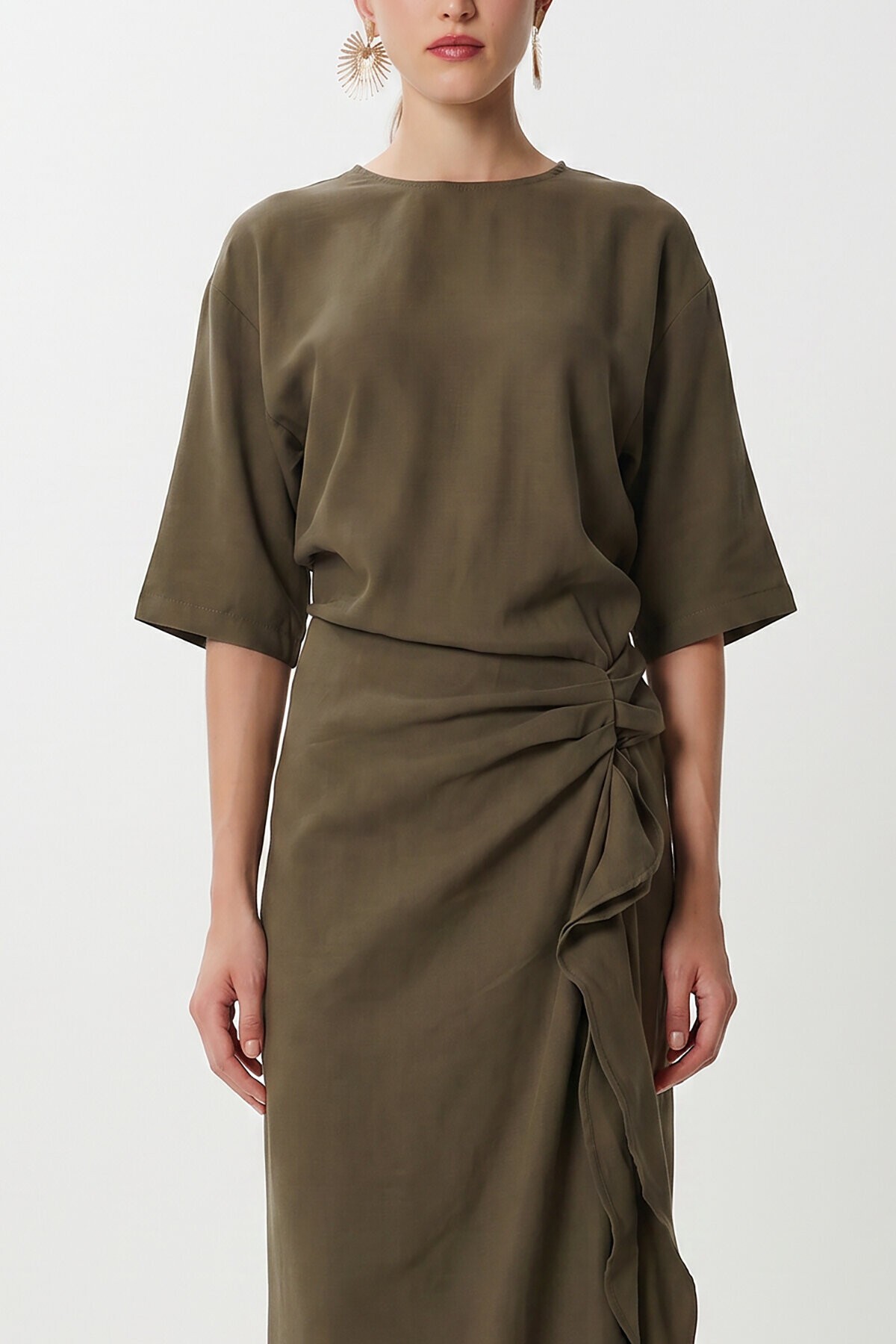 Drapeli Midi Modal Elbise HAKİ LNT0033