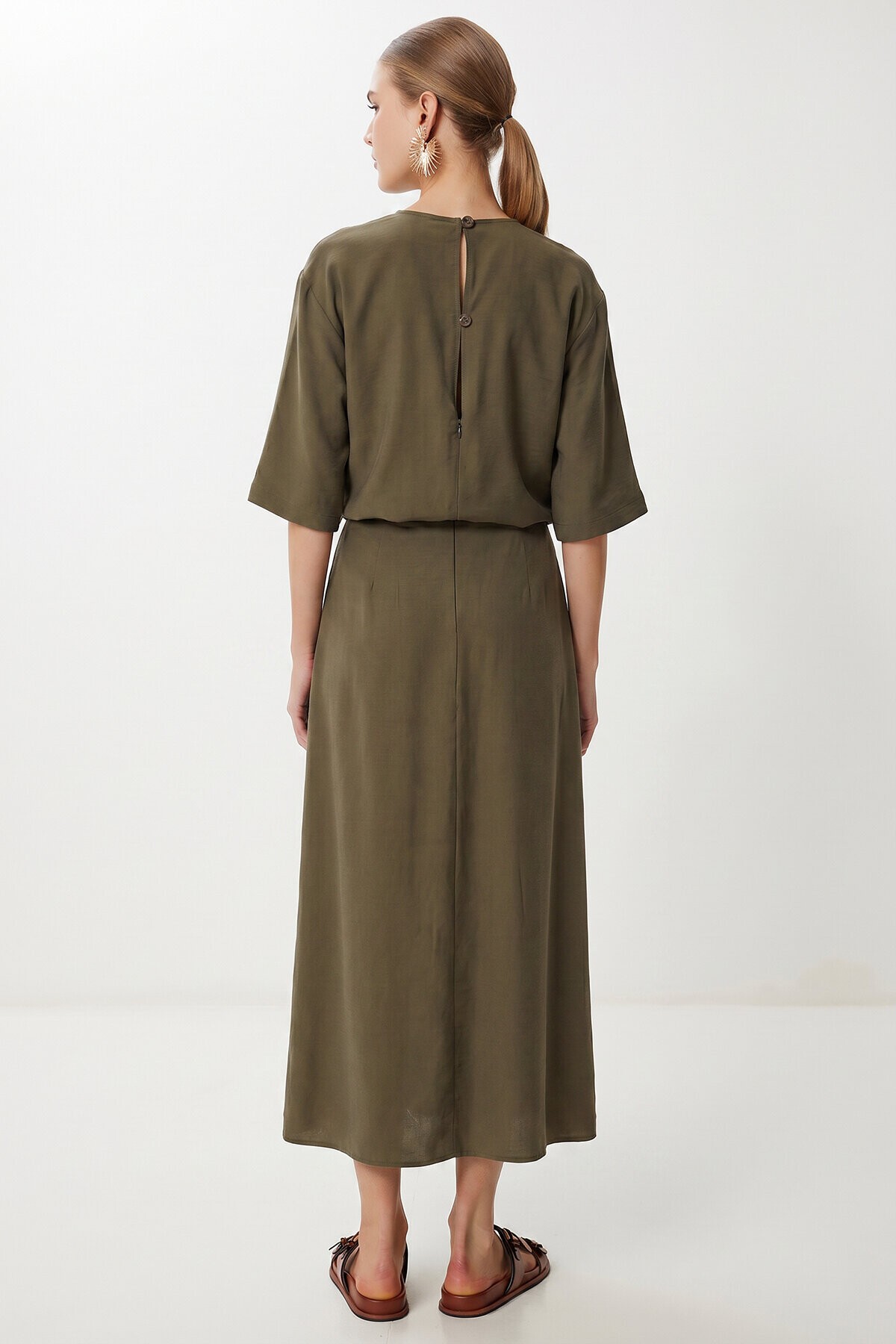 Drapeli Midi Modal Elbise HAKİ LNT0033