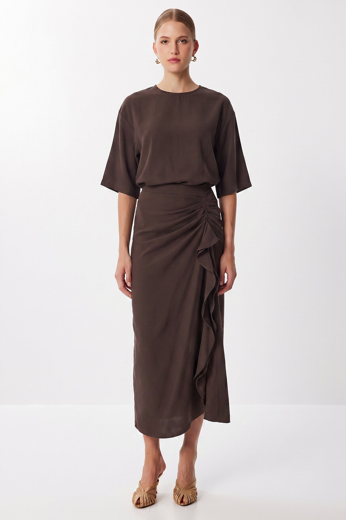 Drapeli Midi Modal Elbise KAHVERENGİ LNT0033