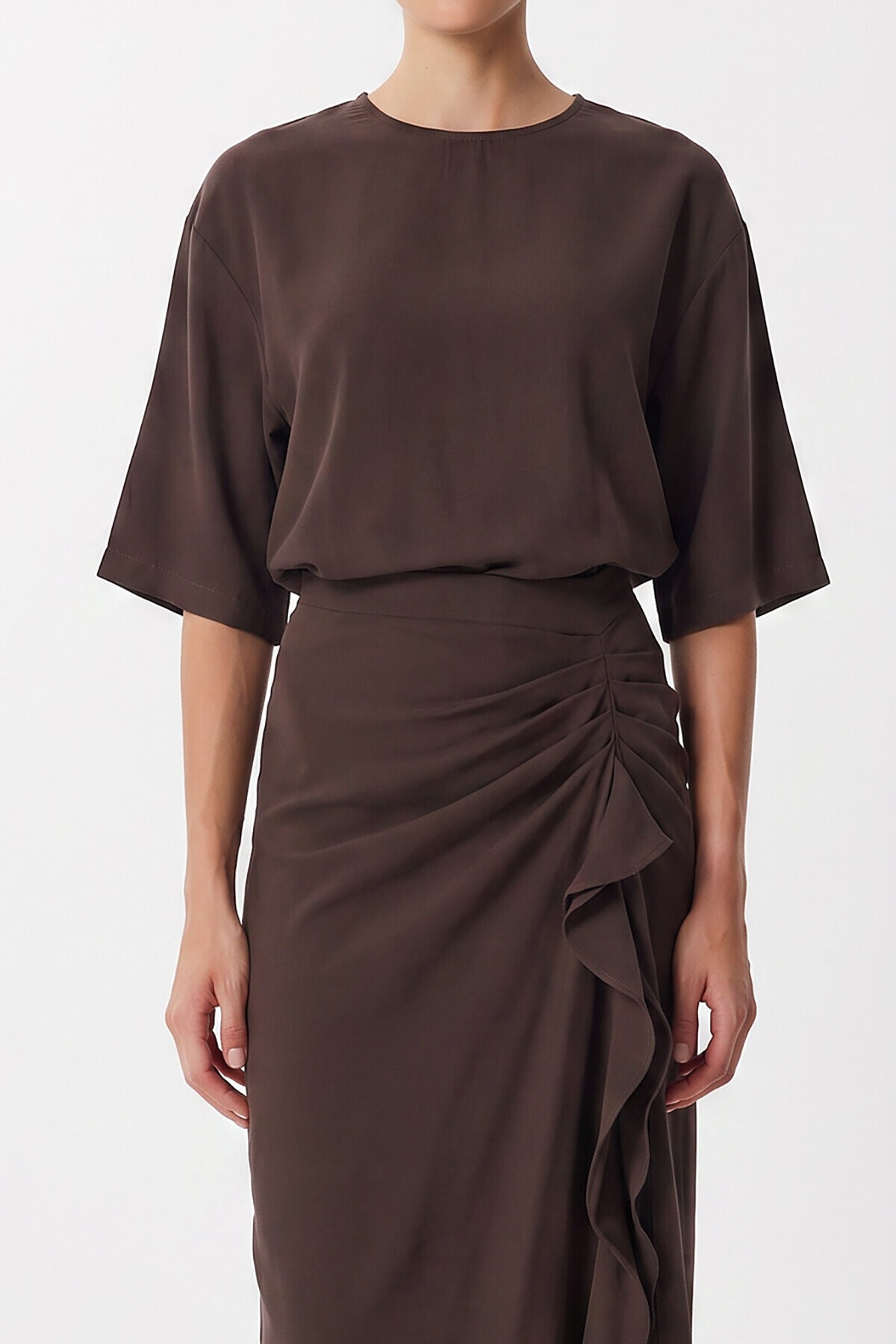 Drapeli Midi Modal Elbise KAHVERENGİ LNT0033