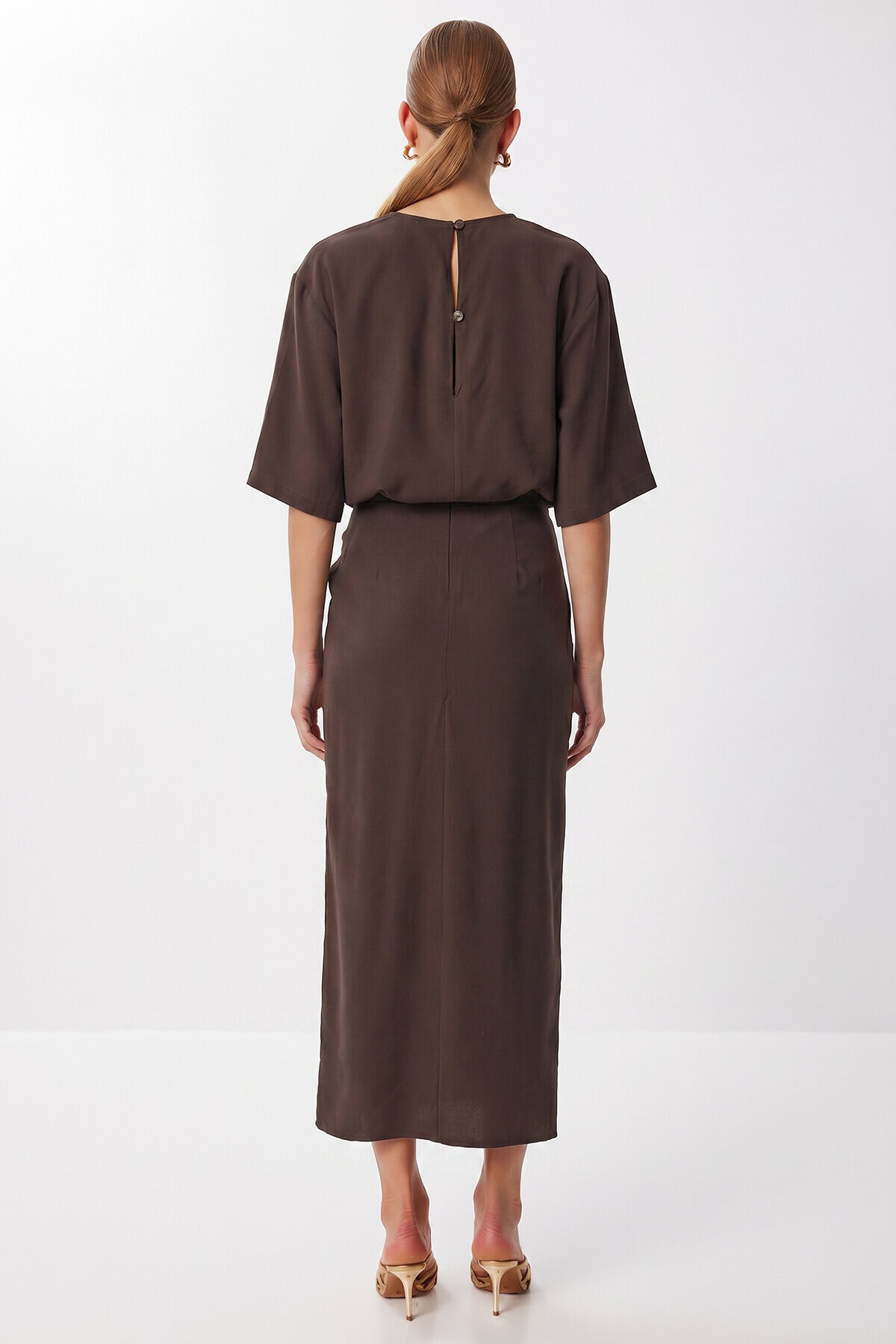 Drapeli Midi Modal Elbise KAHVERENGİ LNT0033