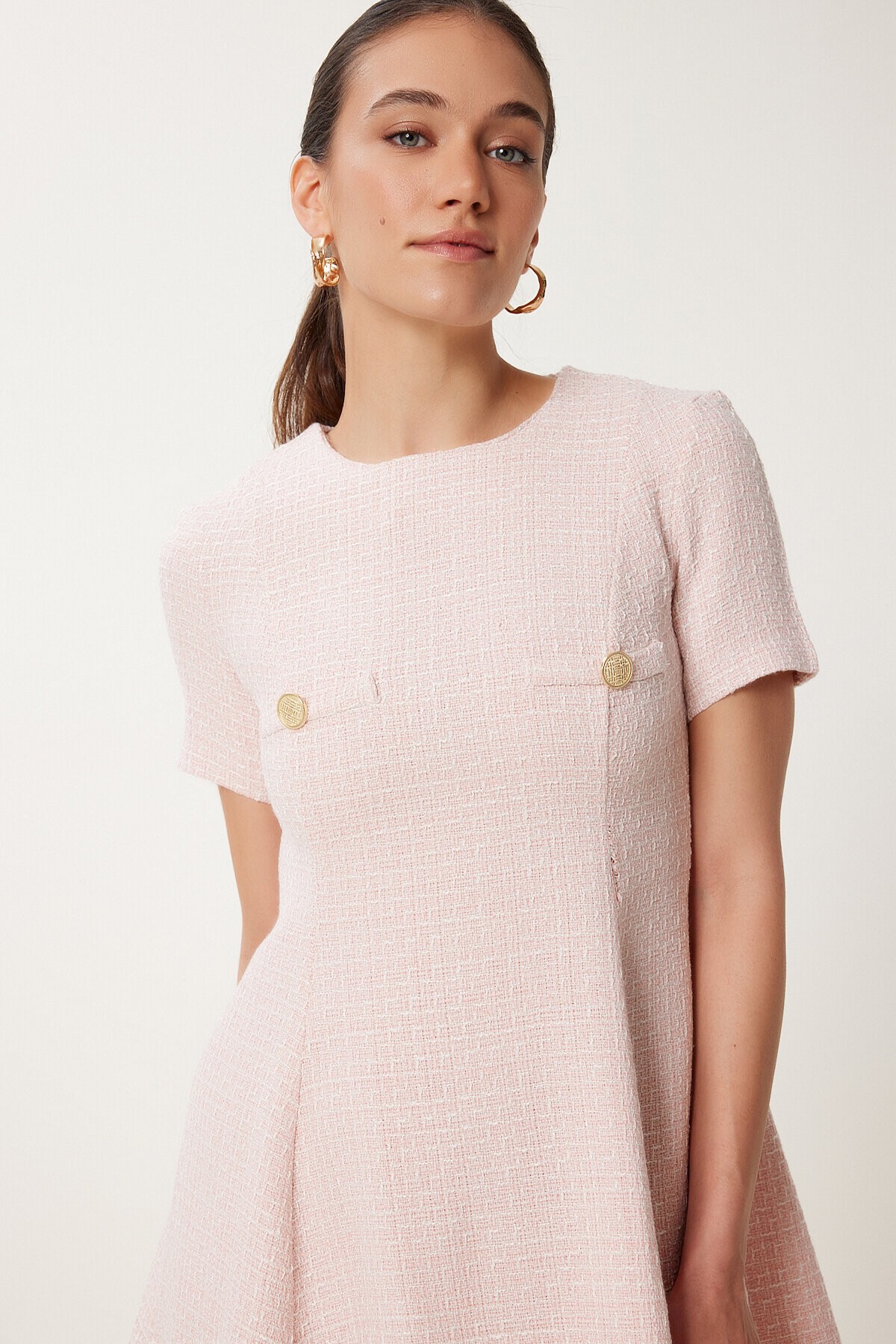 Düğme Detaylı Mini Kloş Tüvit Elbise PEMBE LUS0106