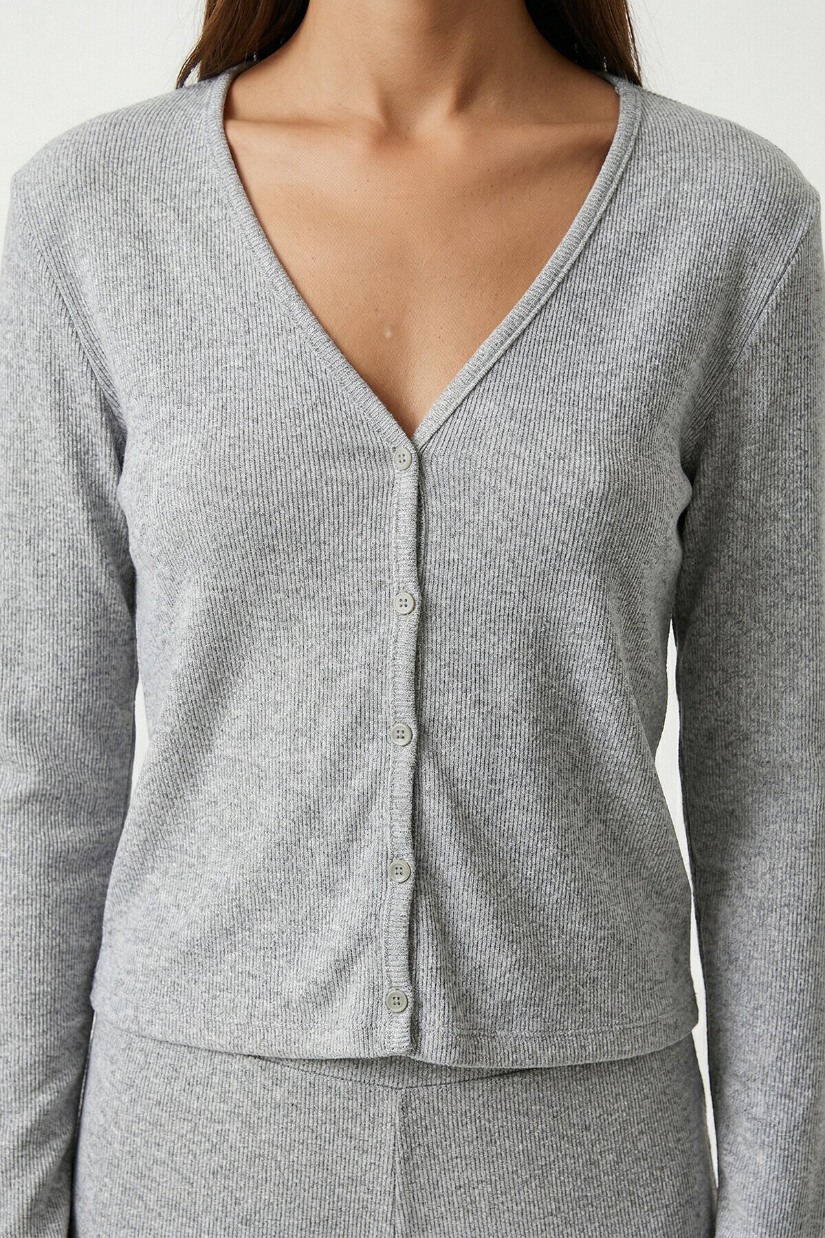 Düğmeli Fitilli Örme Hırka Pijama Takımı GRİ MELANJ LRN0017