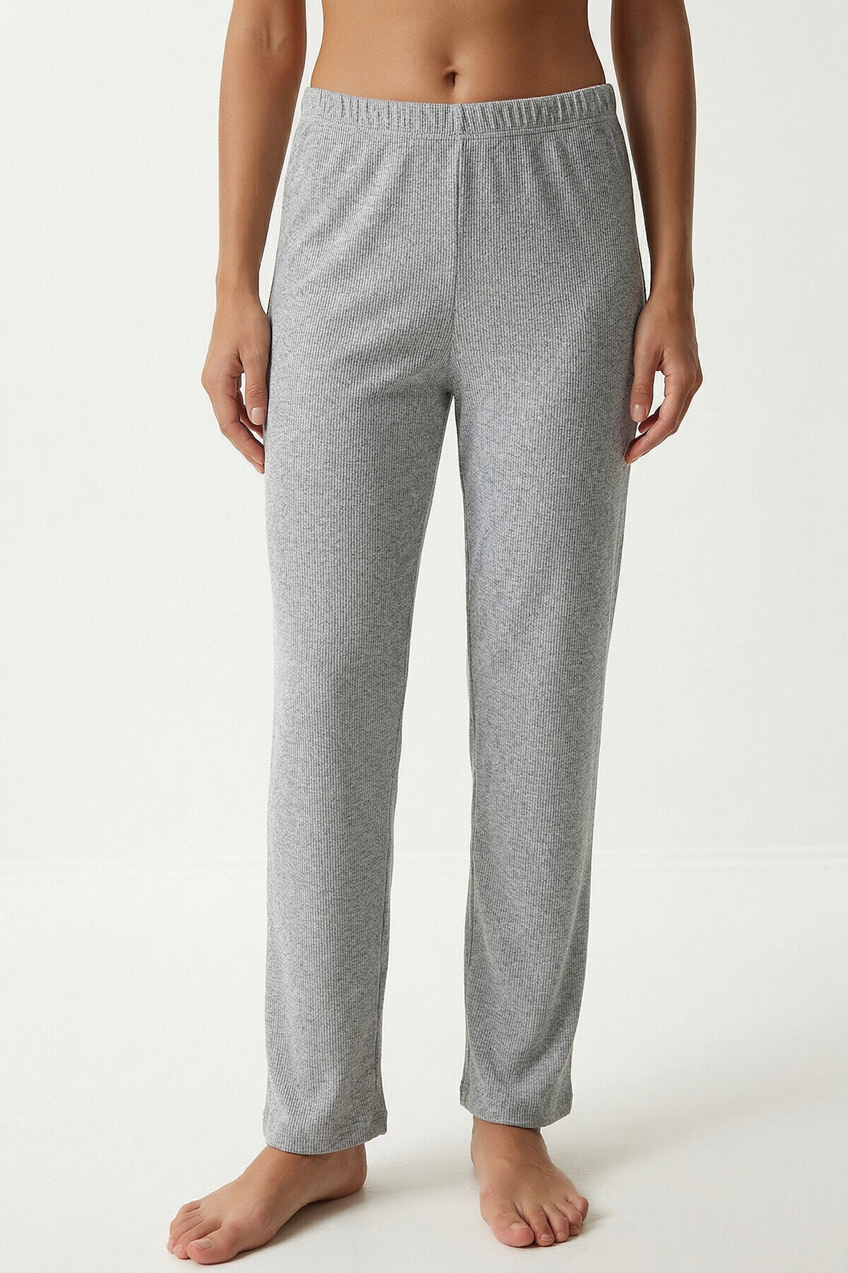 Düğmeli Fitilli Örme Hırka Pijama Takımı GRİ MELANJ LRN0017