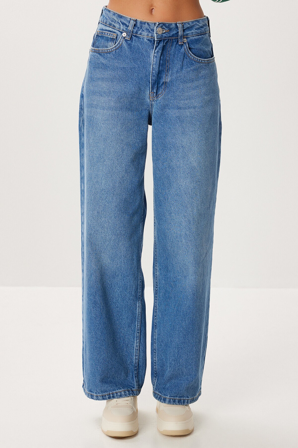 Düz Paça Yüksek Bel Jean P0288 ORTA MAVİ LRI0019