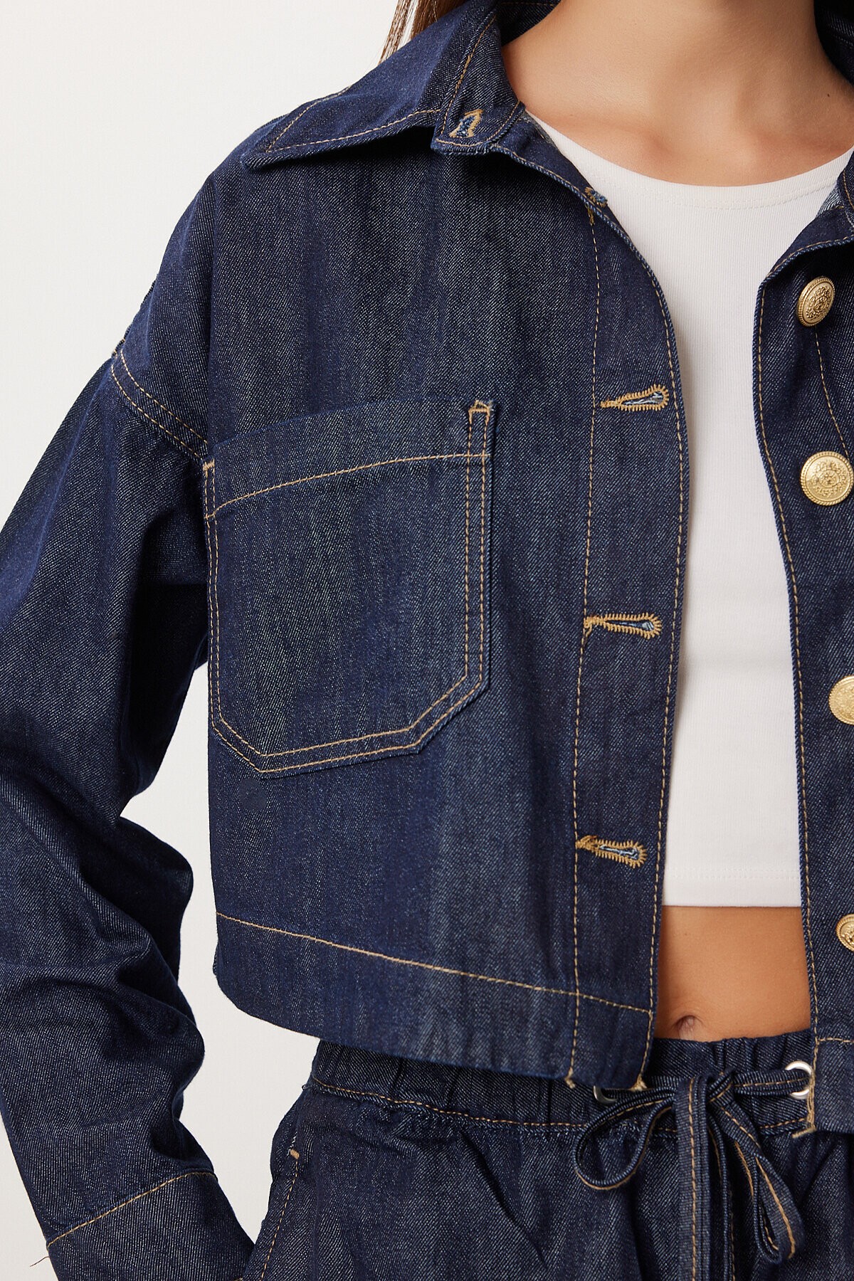 Gold Düğmeli Denim Ceket Pantolon Takım KOYU MAVİ LRI0014