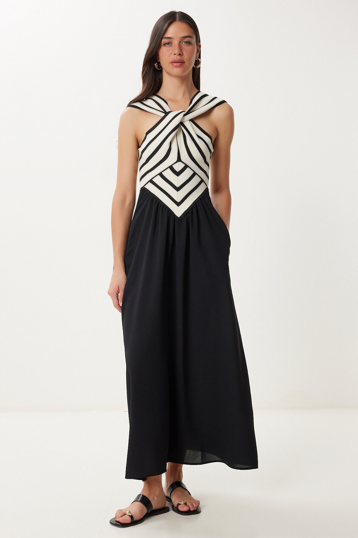 Halter Yaka Midi Dokuma Elbise SİYAH KREM LRW0001