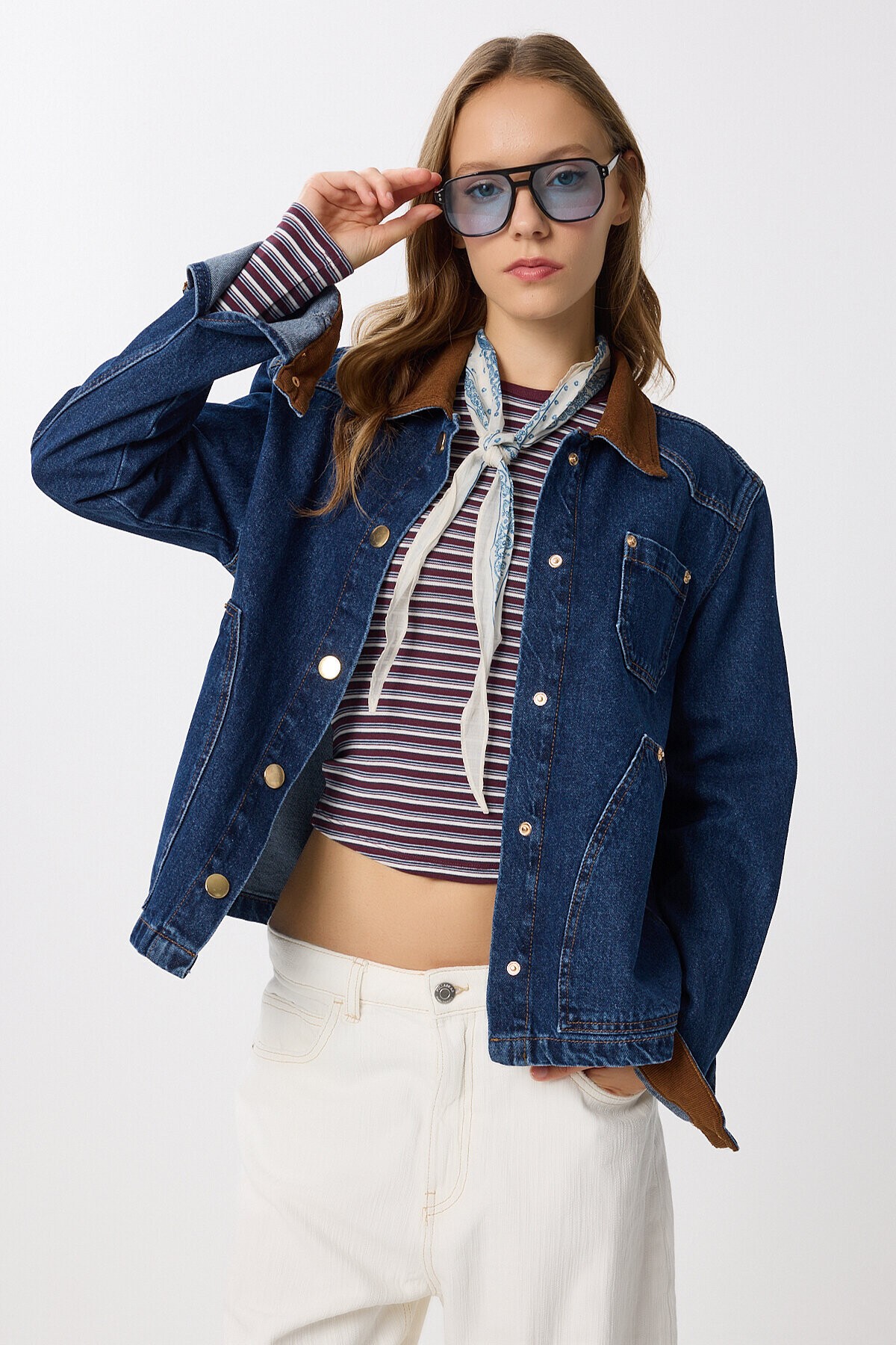 Kadife Yaka Denim Ceket KOYU MAVİ LRW0003