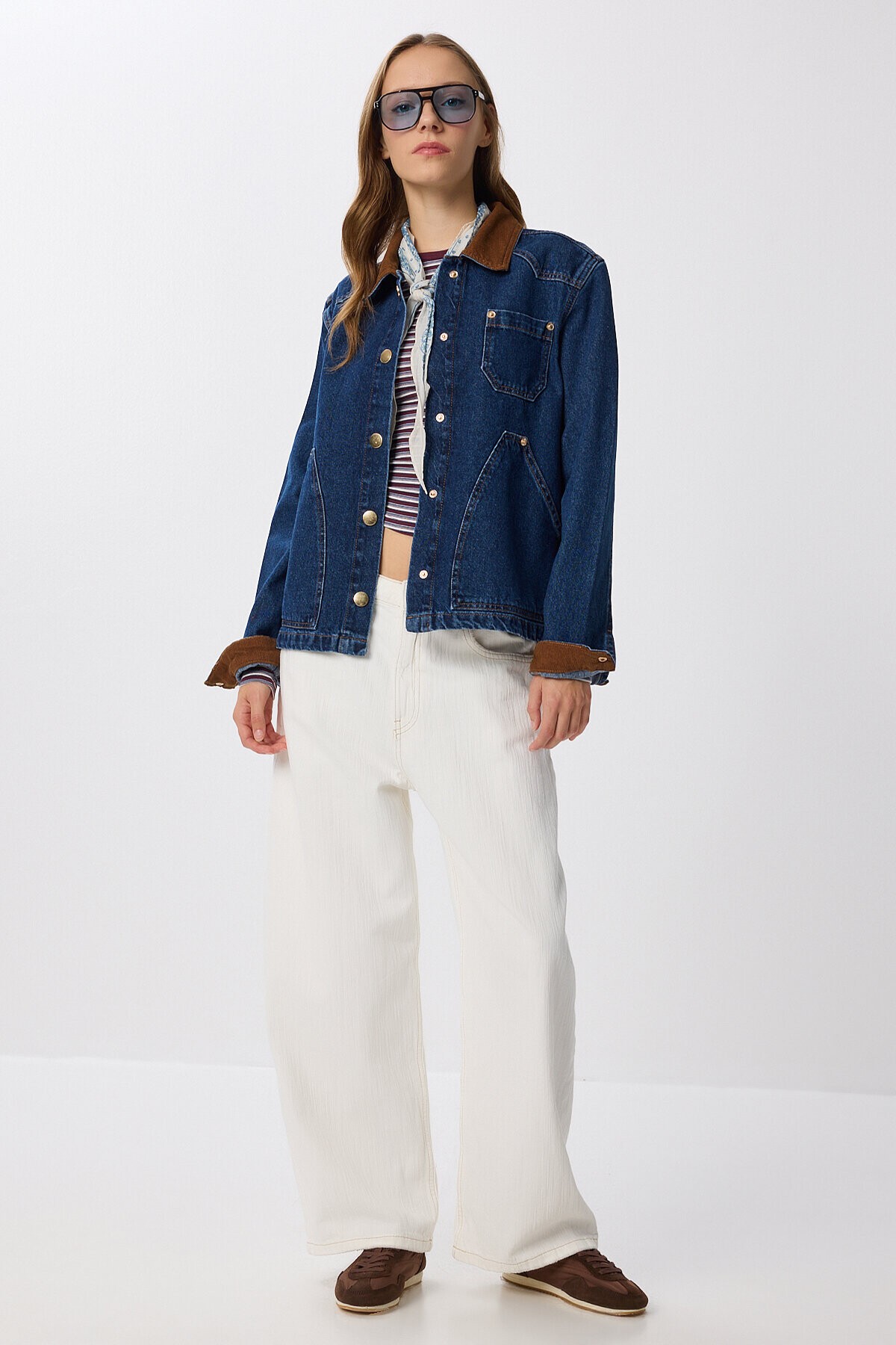 Kadife Yaka Denim Ceket KOYU MAVİ LRW0003