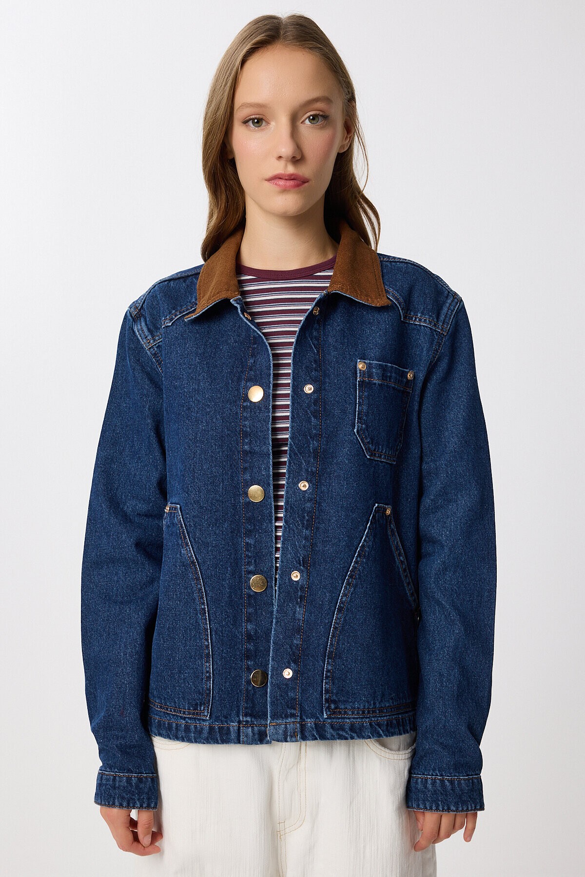 Kadife Yaka Denim Ceket KOYU MAVİ LRW0003