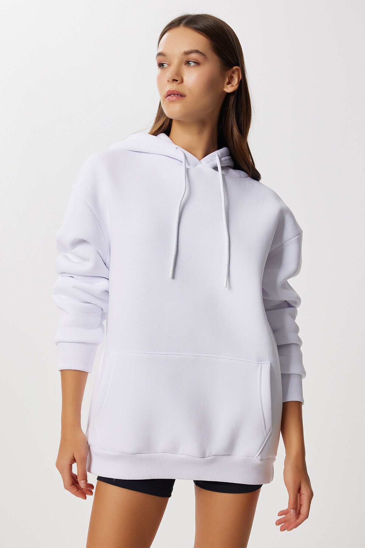 Kapüşonlu Oversize Şardonlu Örme Sweatshirt BEYAZ LEN0042