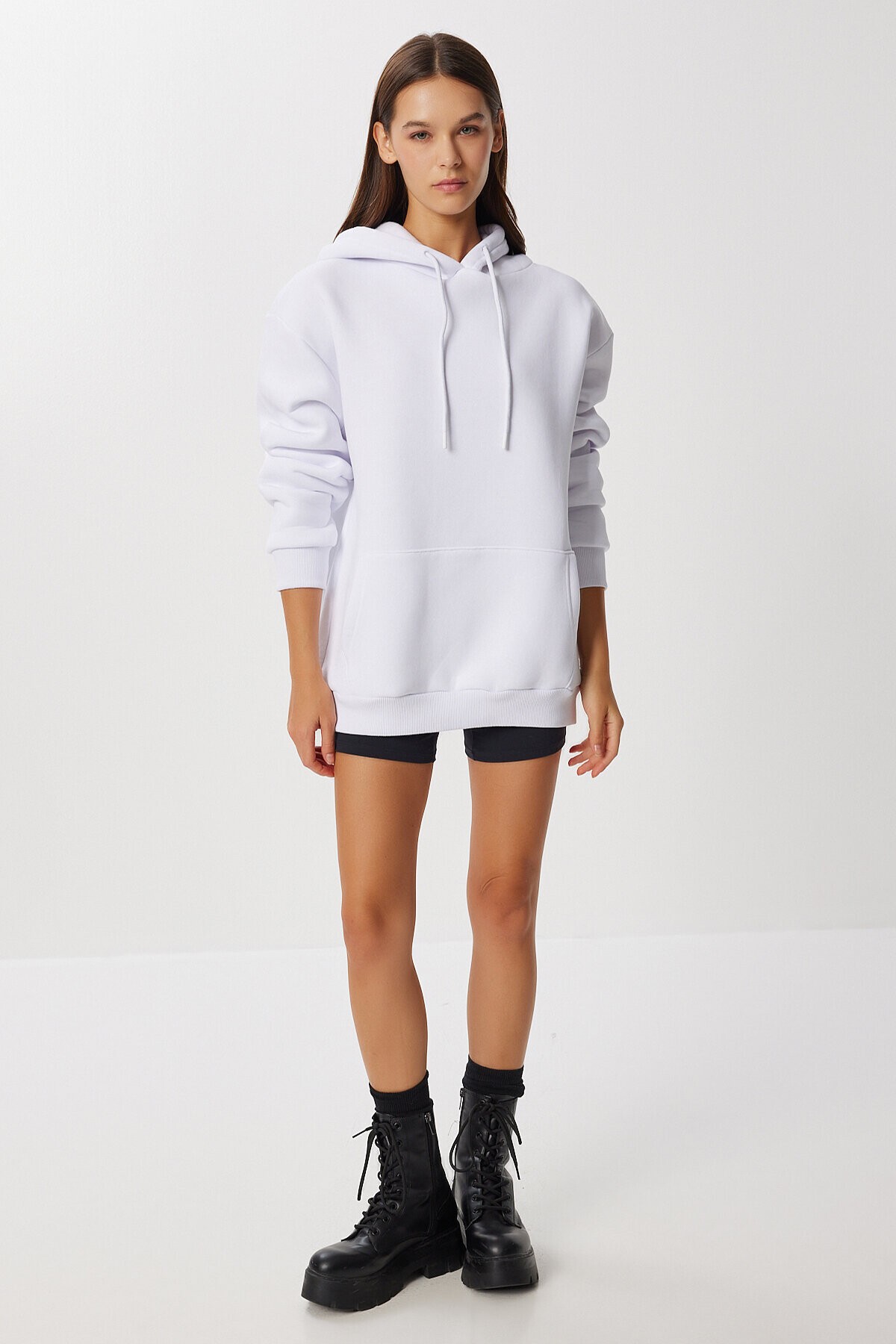 Kapüşonlu Oversize Şardonlu Örme Sweatshirt BEYAZ LEN0042