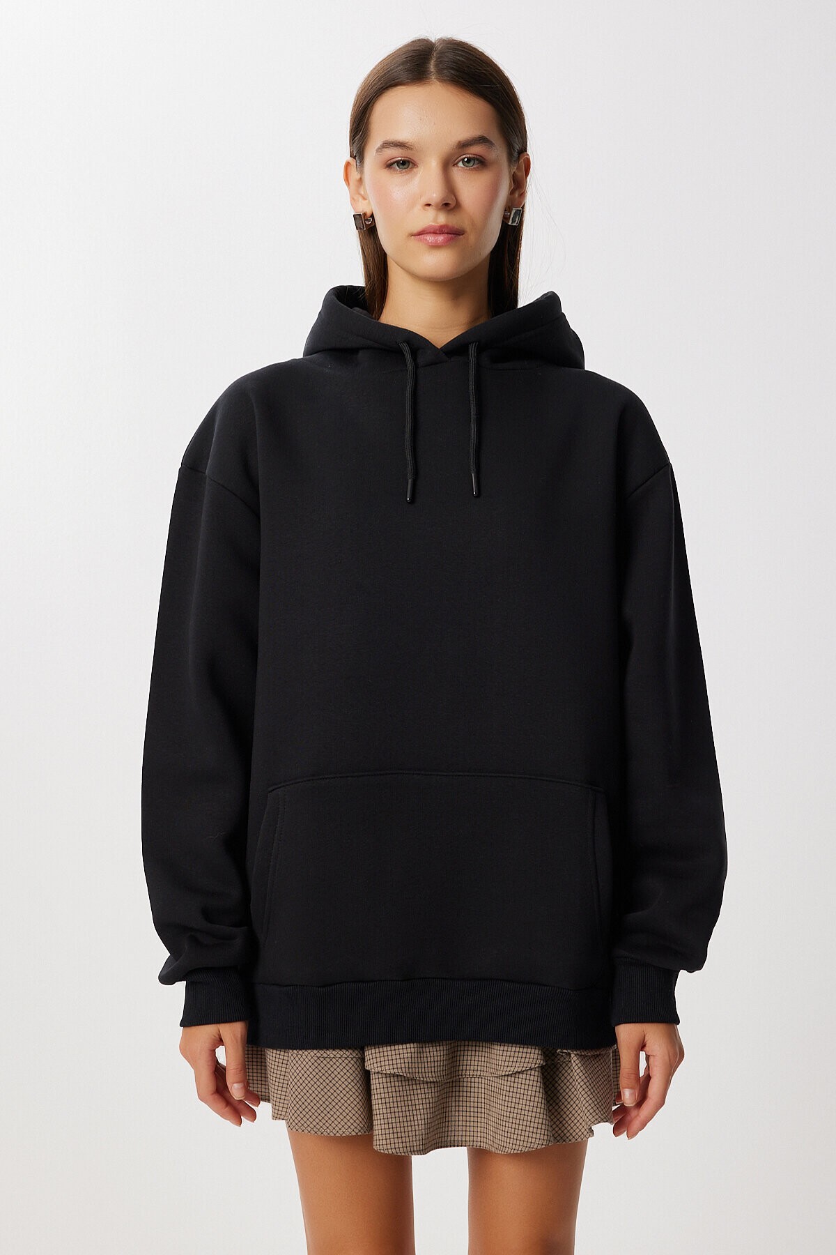 Kapüşonlu Oversize Şardonlu Örme Sweatshirt SİYAH LEN0042