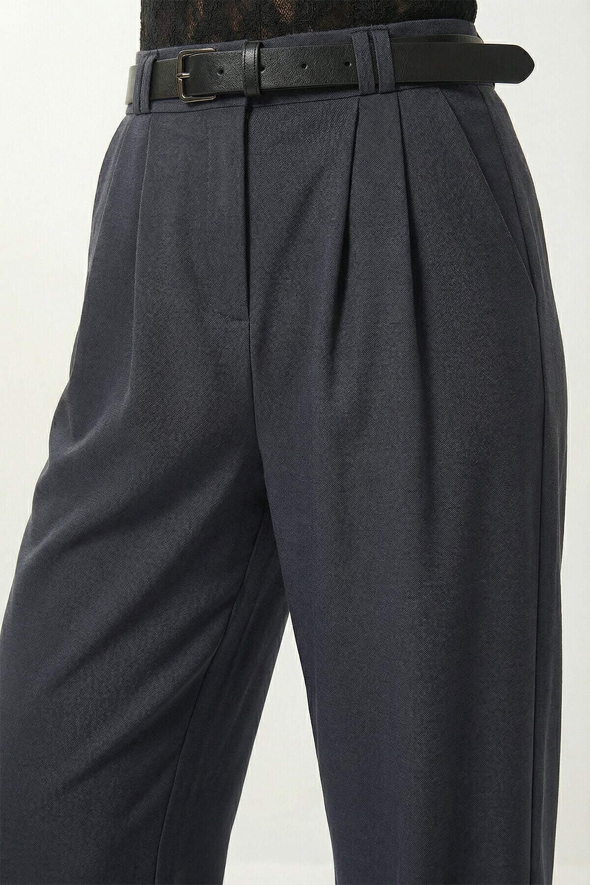 Kemerli Geniş Paça Esnek Örme Pantolon FÜME LZV0045