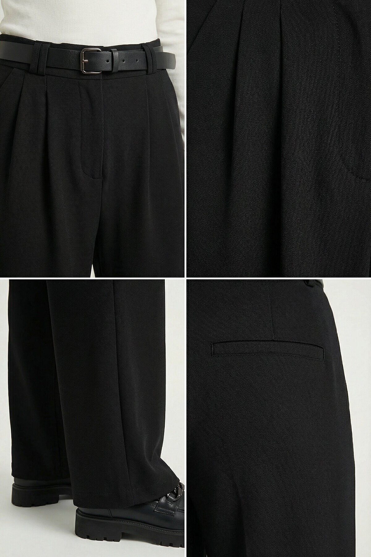 Kemerli Geniş Paça Esnek Örme Pantolon SİYAH LZV0045