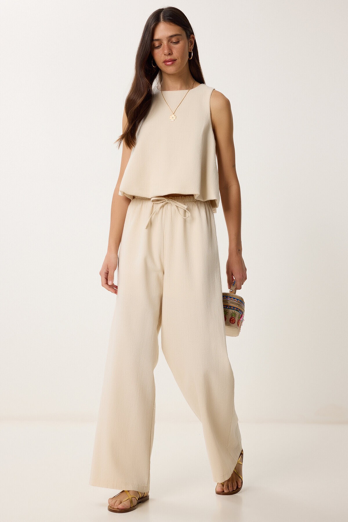 Keten Balon Bluz Pantolon Takım KREM LUS0092
