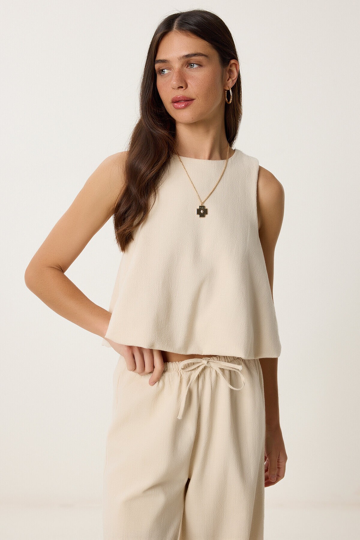 Keten Balon Bluz Pantolon Takım KREM LUS0092