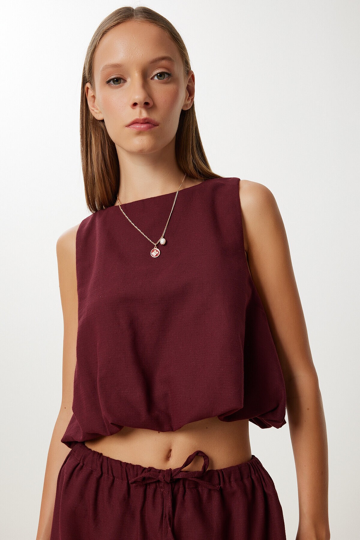 Keten Culotte Pantolon Bluz Takım BORDO LRV0116
