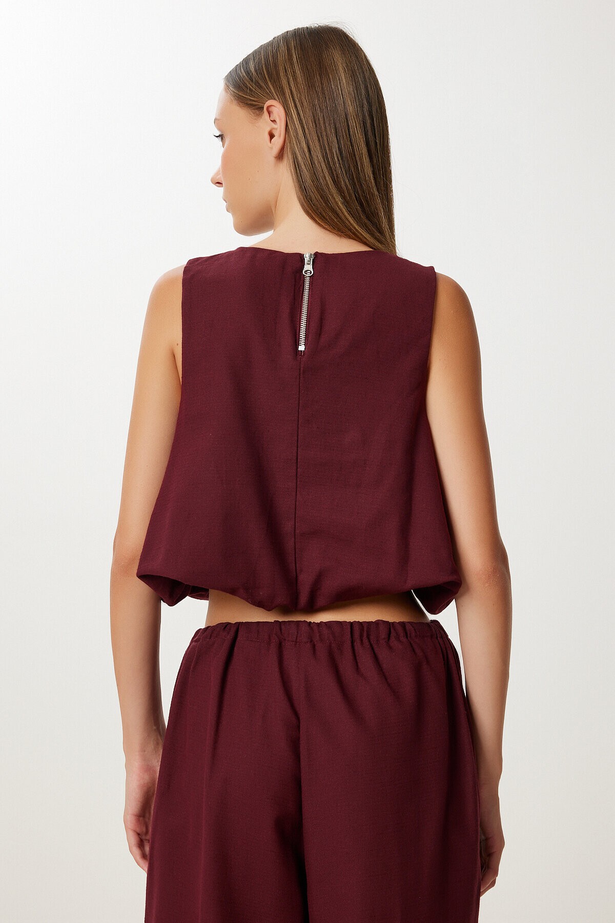Keten Culotte Pantolon Bluz Takım BORDO LRV0116