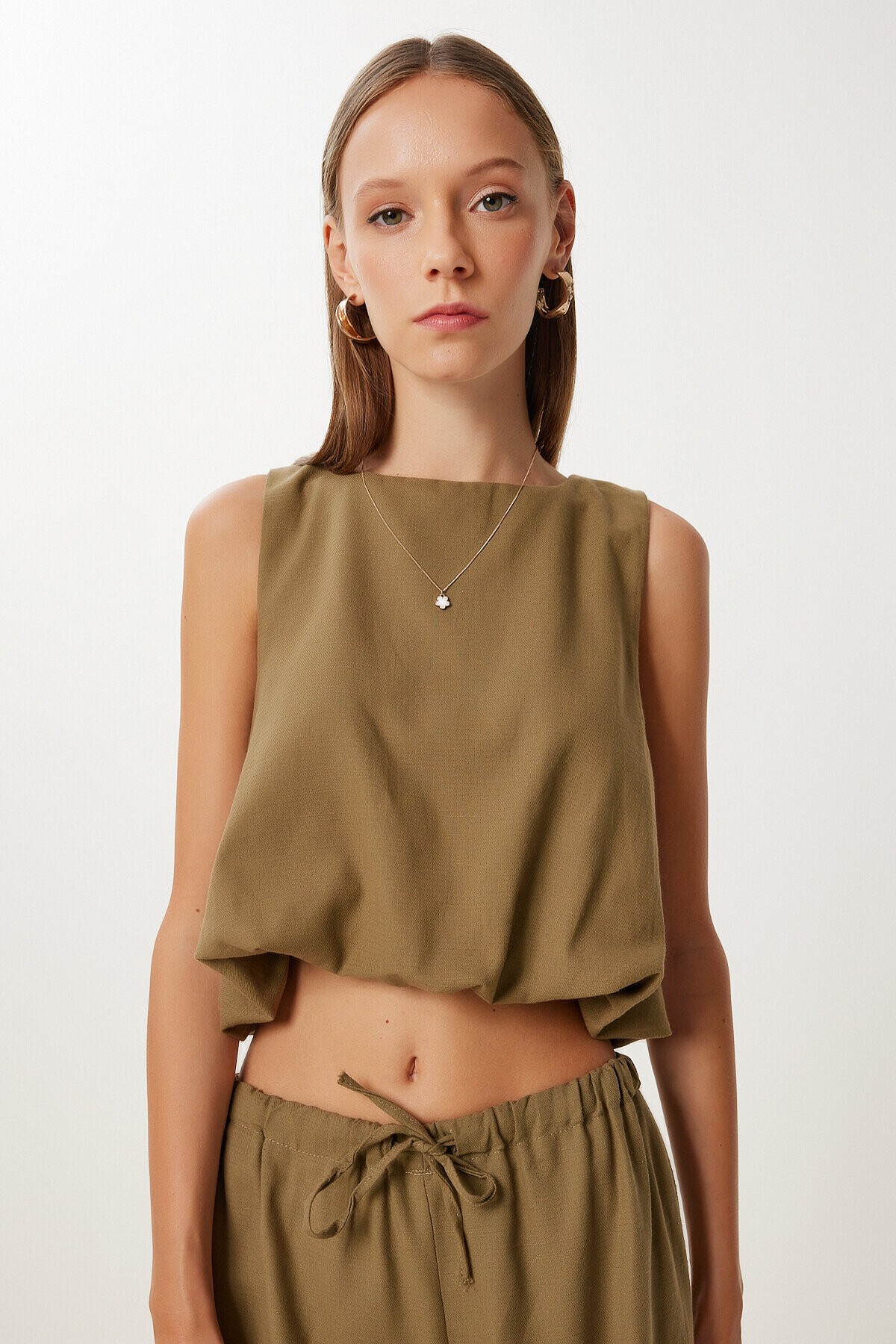Keten Culotte Pantolon Bluz Takım HAKİ LRV0116