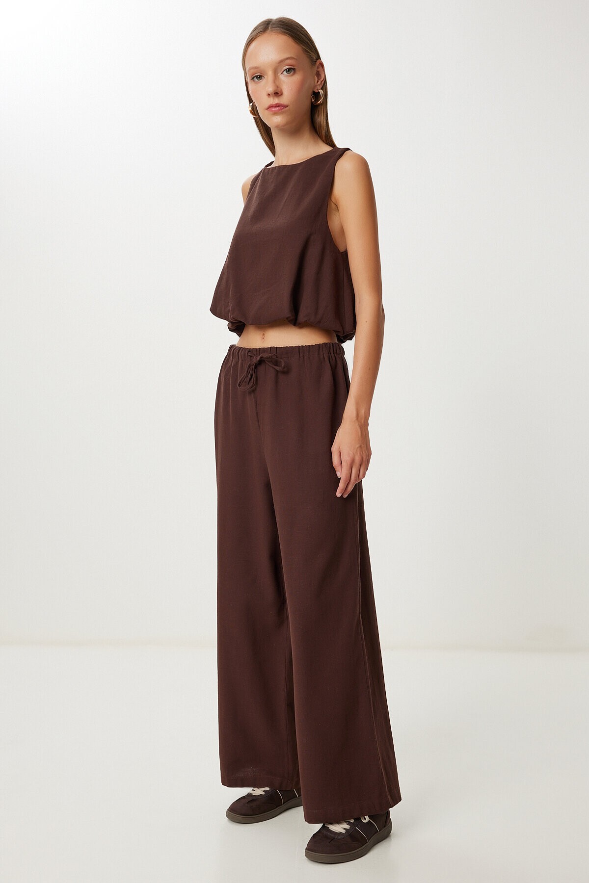 Keten Culotte Pantolon Bluz Takım KAHVERENGİ LRV0116