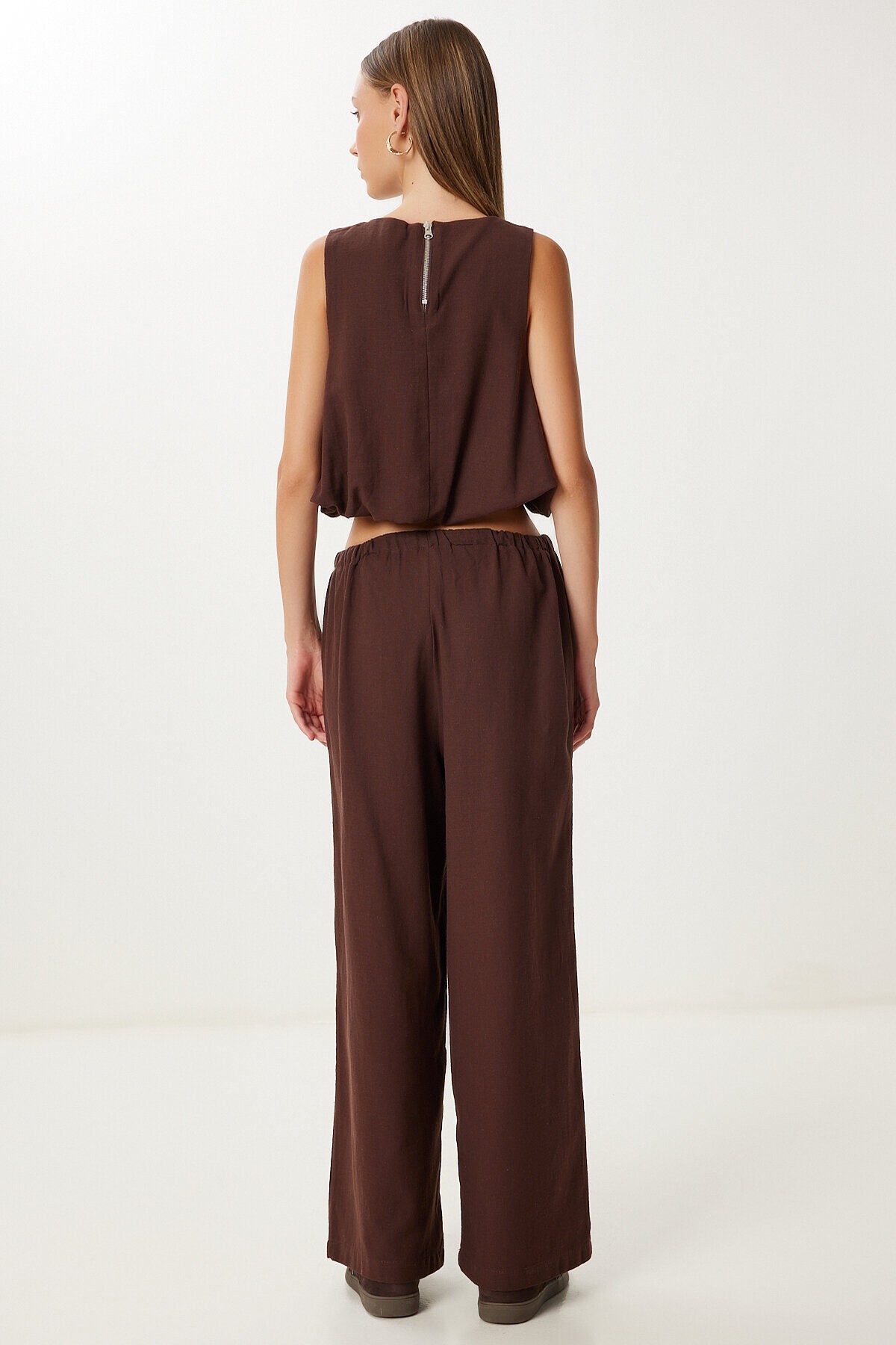 Keten Culotte Pantolon Bluz Takım KAHVERENGİ LRV0116