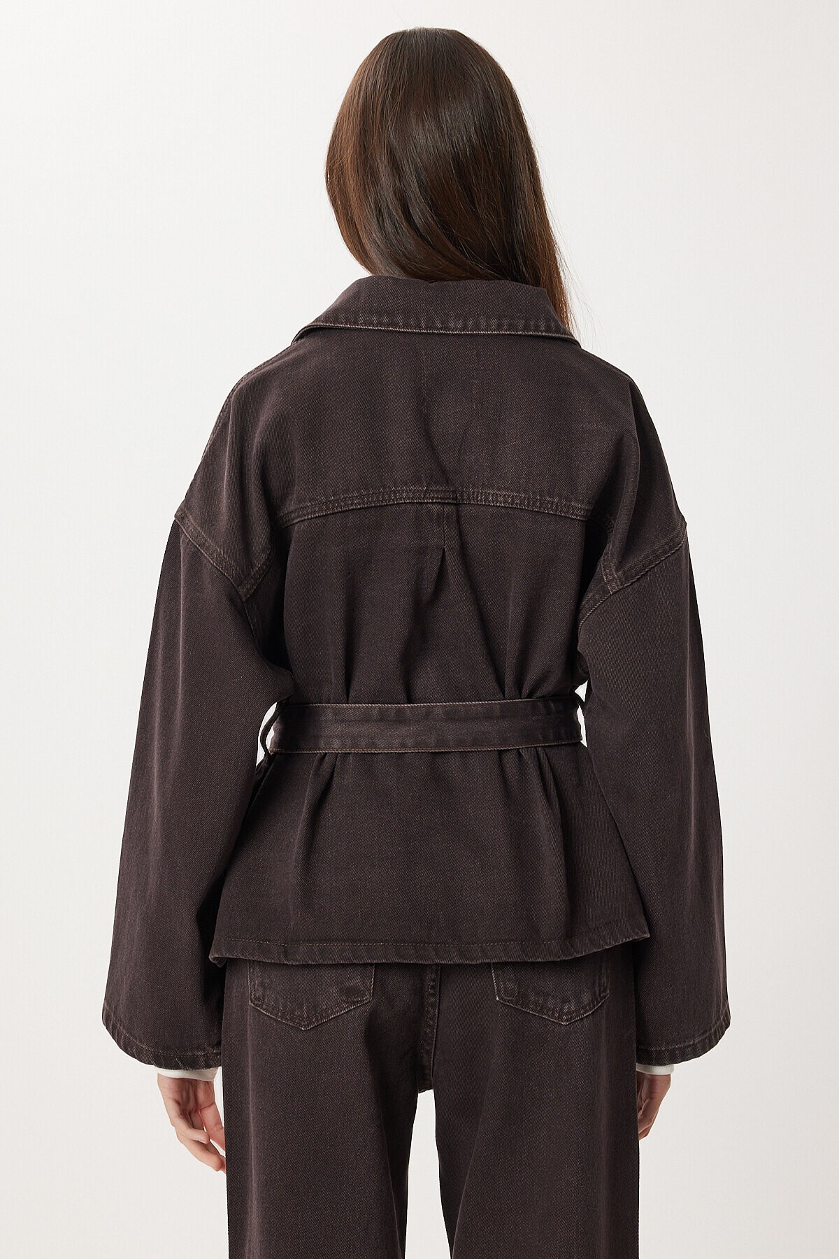 Kuşaklı Denim Ceket Pantolon Takım KAHVERENGİ LRI0011