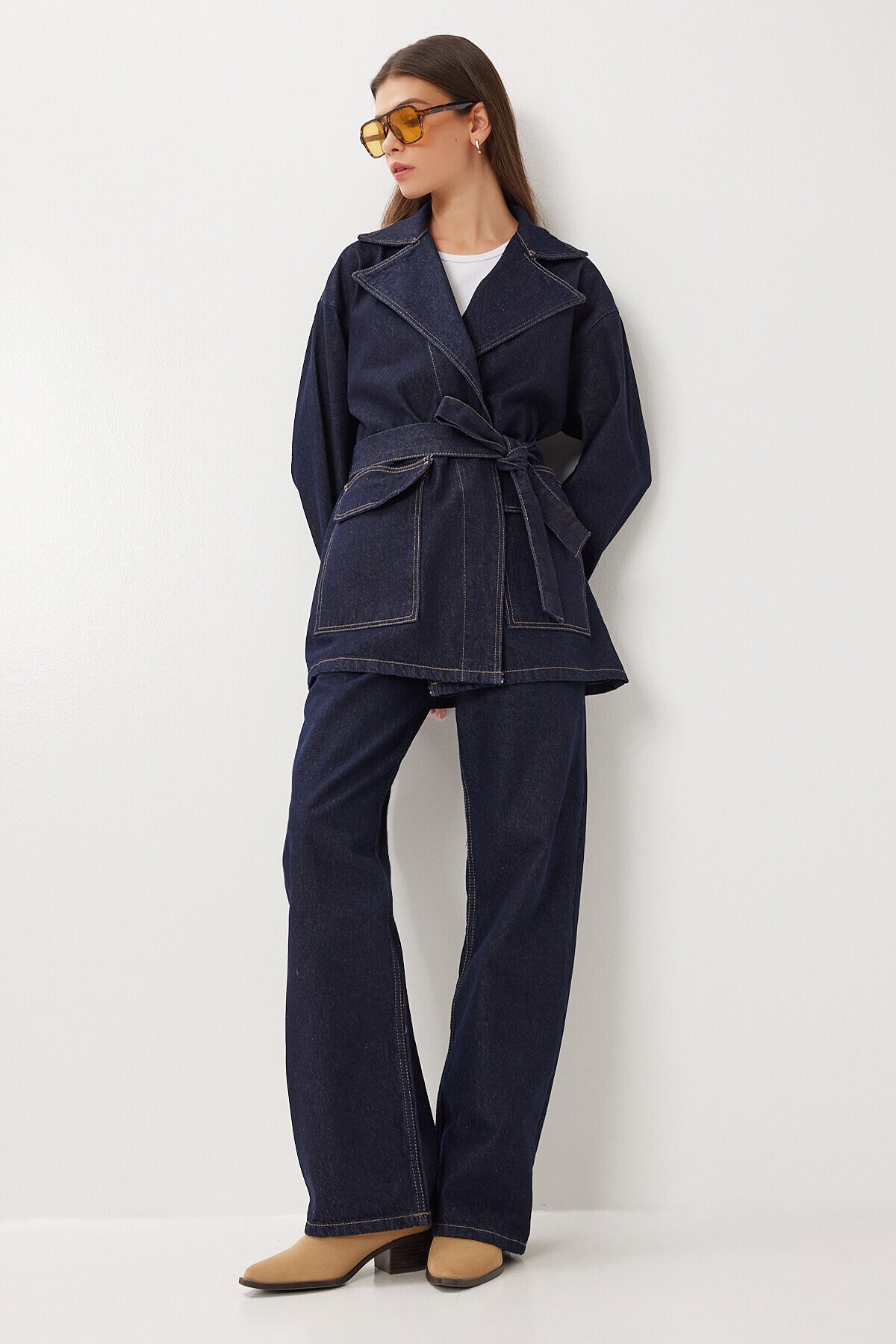 Kuşaklı Denim Ceket Pantolon Takım KOYU MAVİ LRI0013